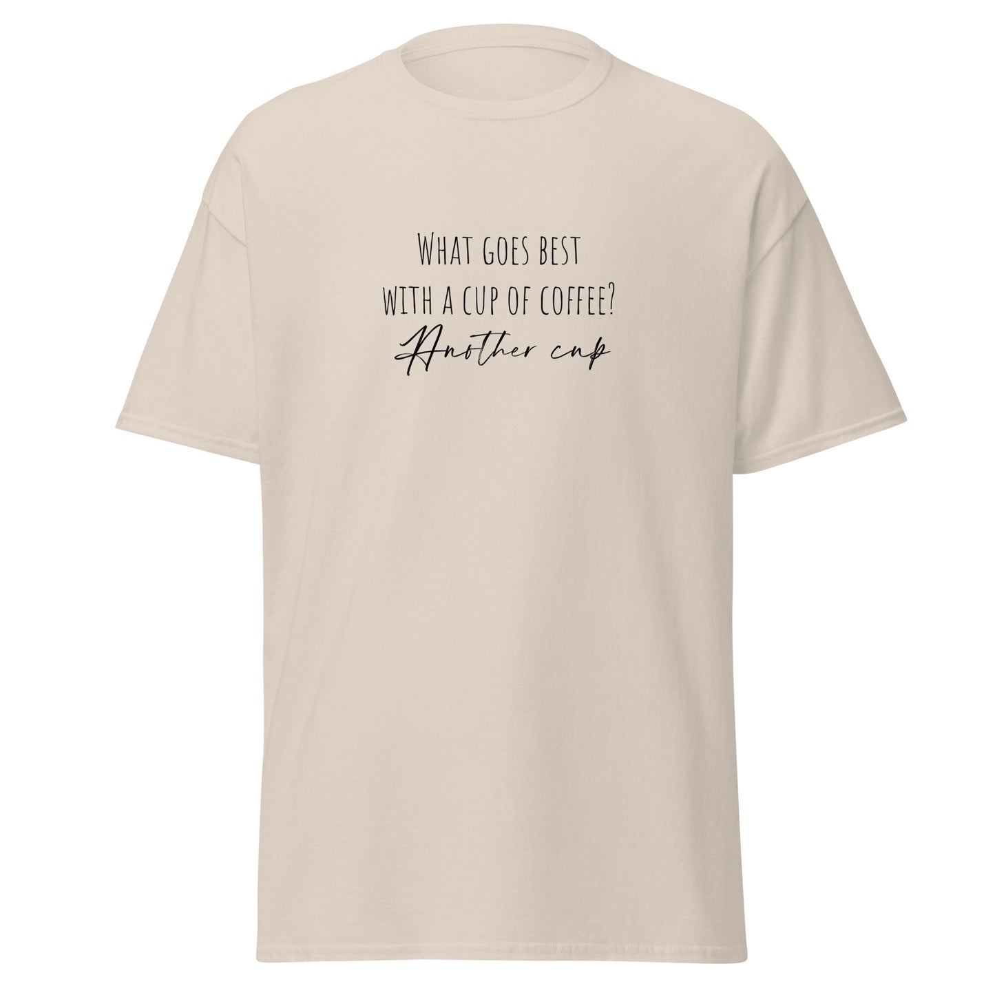 Unisex classic coffee-themed tee with "Another cup" text, trendy fashion statement piece in sustainable cotton fabric.