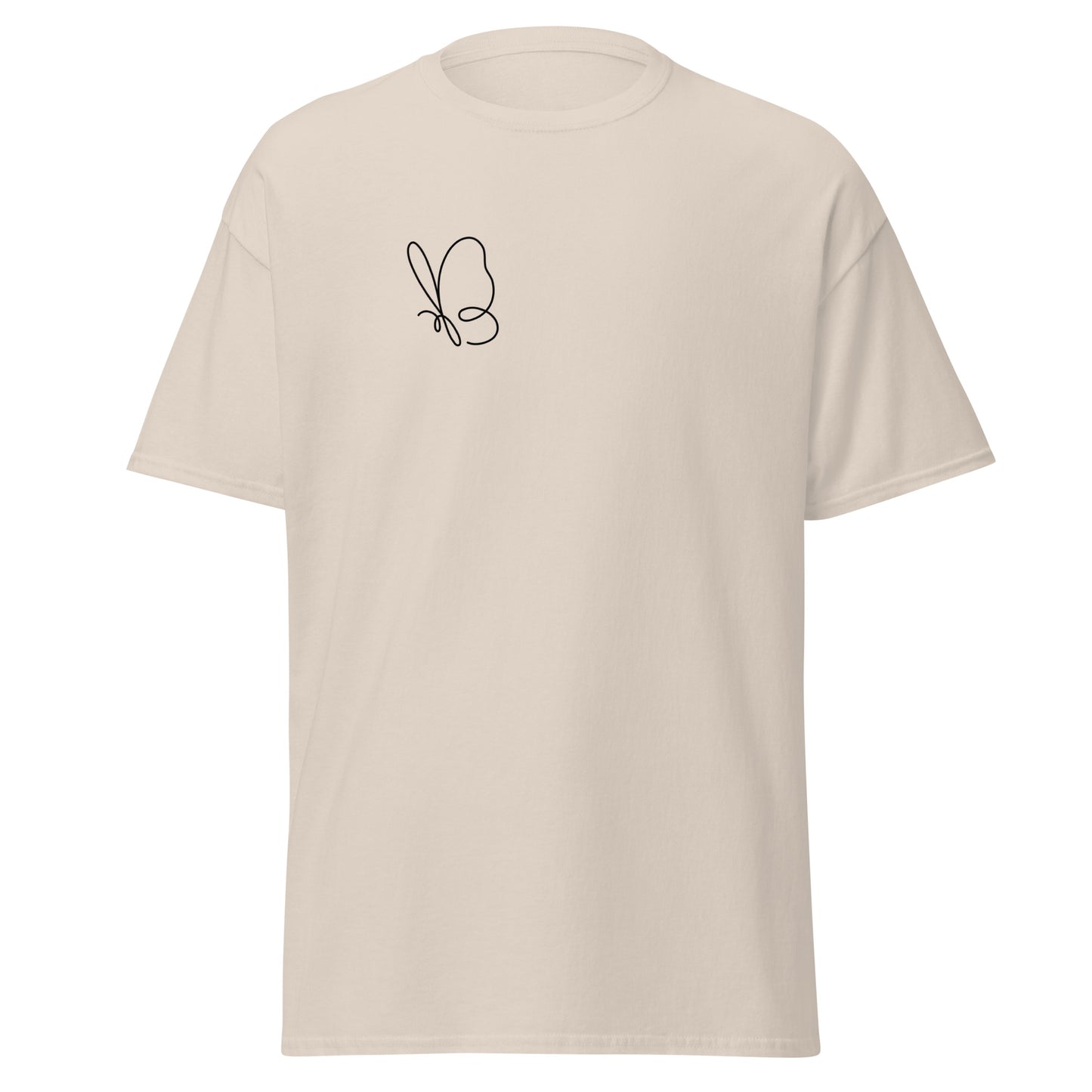 Unisex classic tee with minimalist butterfly design, 100% cotton, perfect for trendy streetwear and sustainable fashion enthusiasts.