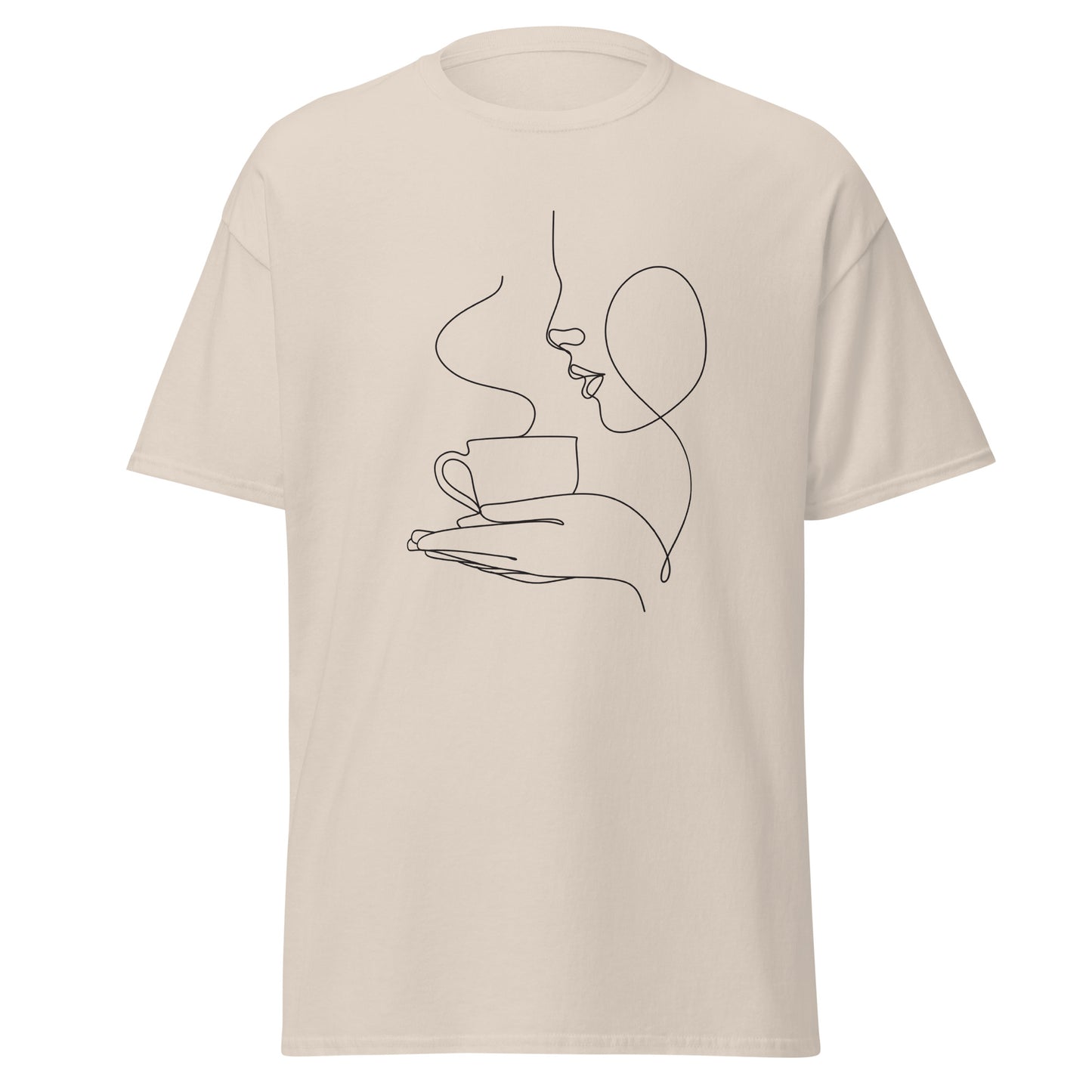 Unisex classic tee with artistic coffee cup print, sustainable fashion statement, perfect for streetwear and casual wear enthusiasts.