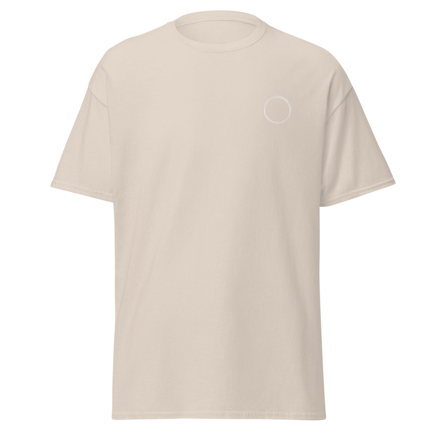 Unisex classic tee with minimalist circle design, eco-friendly cotton, perfect for trendy streetwear and sustainable fashion lovers.