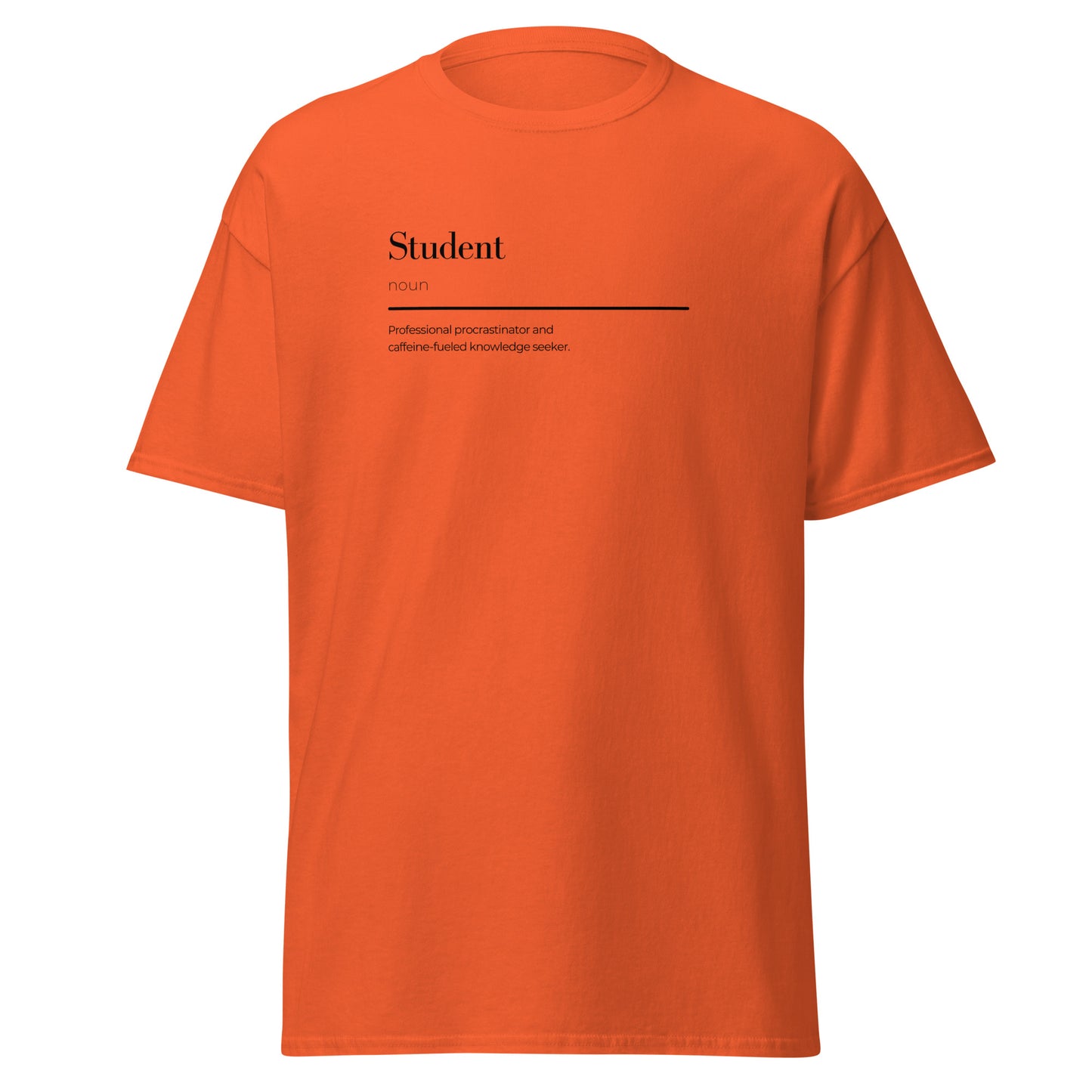 Unisex classic orange tee with "Student" graphic, 100% cotton, minimalist streetwear fashion, perfect gift idea, trendy casual wear.