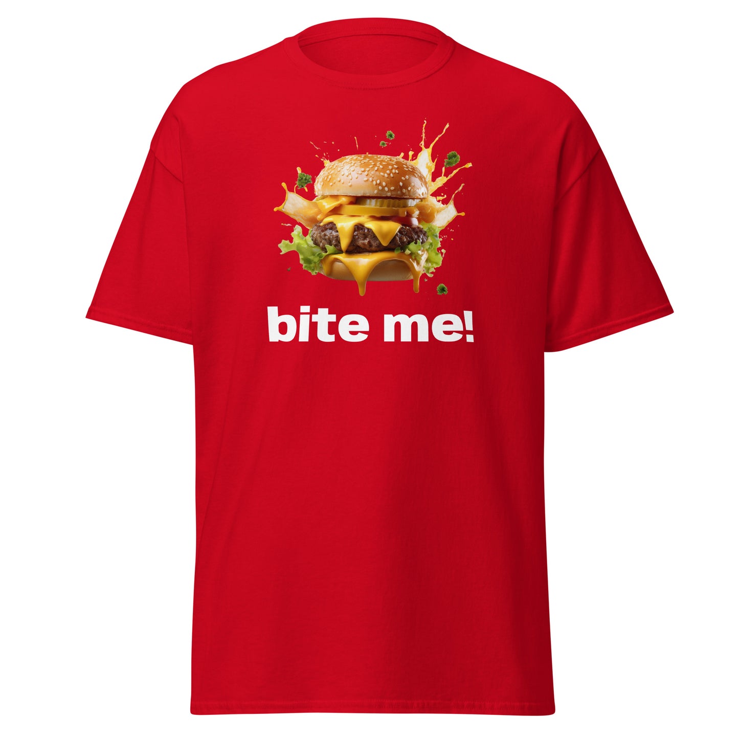 Bite me BURGER Unisex classic tee - LUDE fashion, streetwear, unique designs, custom apparel, gift ideas, trendy, eco-friendly, statement pieces, graphic tees, sustainable fashion, minimalist, pop culture, creative prints, bold designs, limited edition, casual wear, artistic, lifestyle