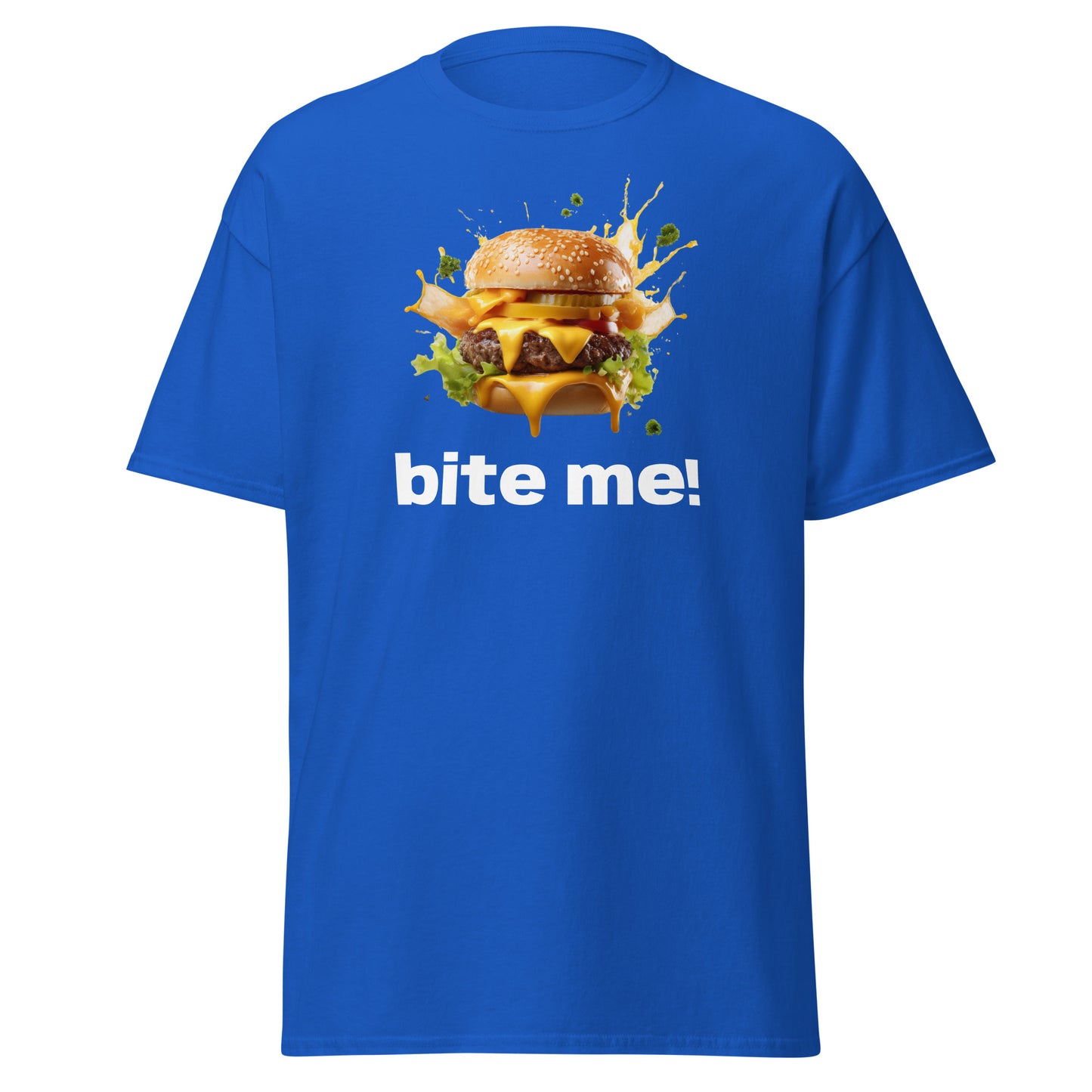 Blue unisex t-shirt with "Bite Me" burger graphic, eco-friendly streetwear design, perfect for casual and trendy fashion lovers.