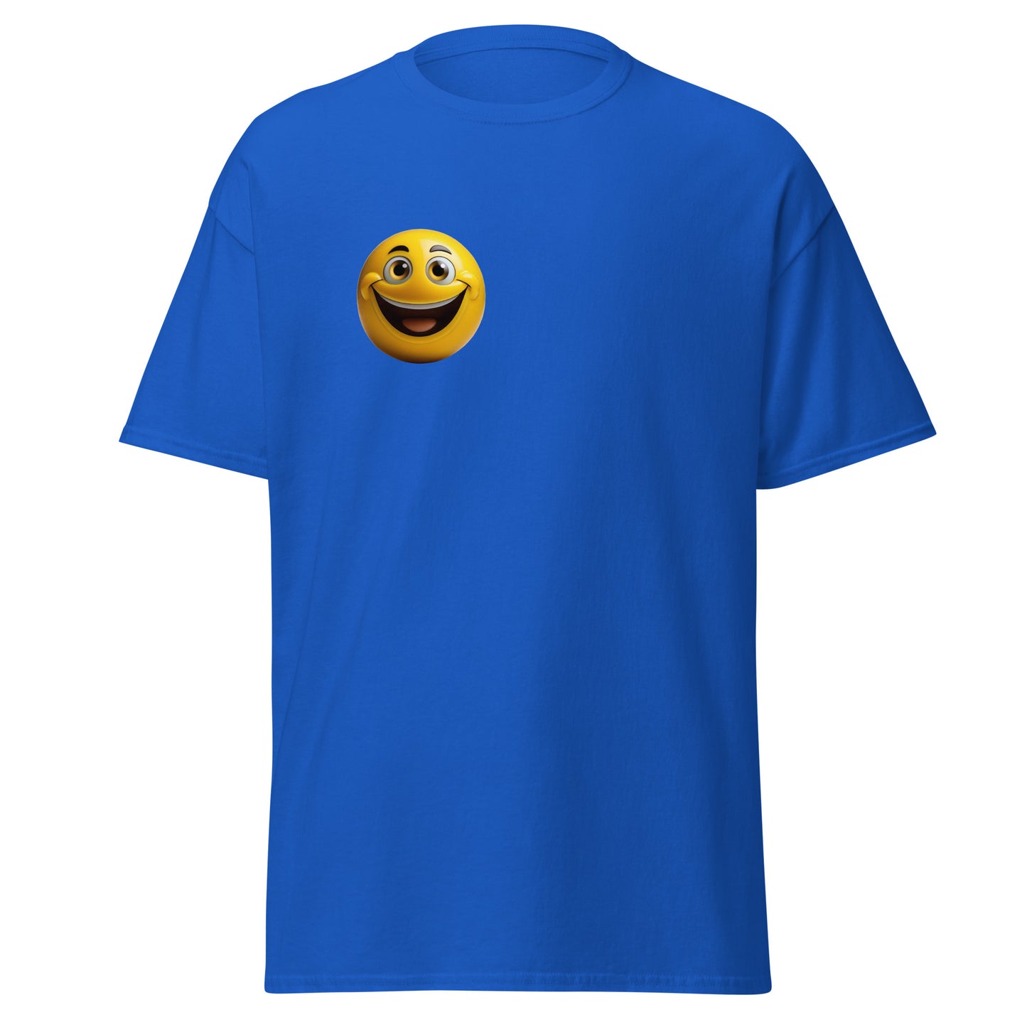 Blue unisex t-shirt with cheerful emoji design, perfect for trendy streetwear and casual fashion.