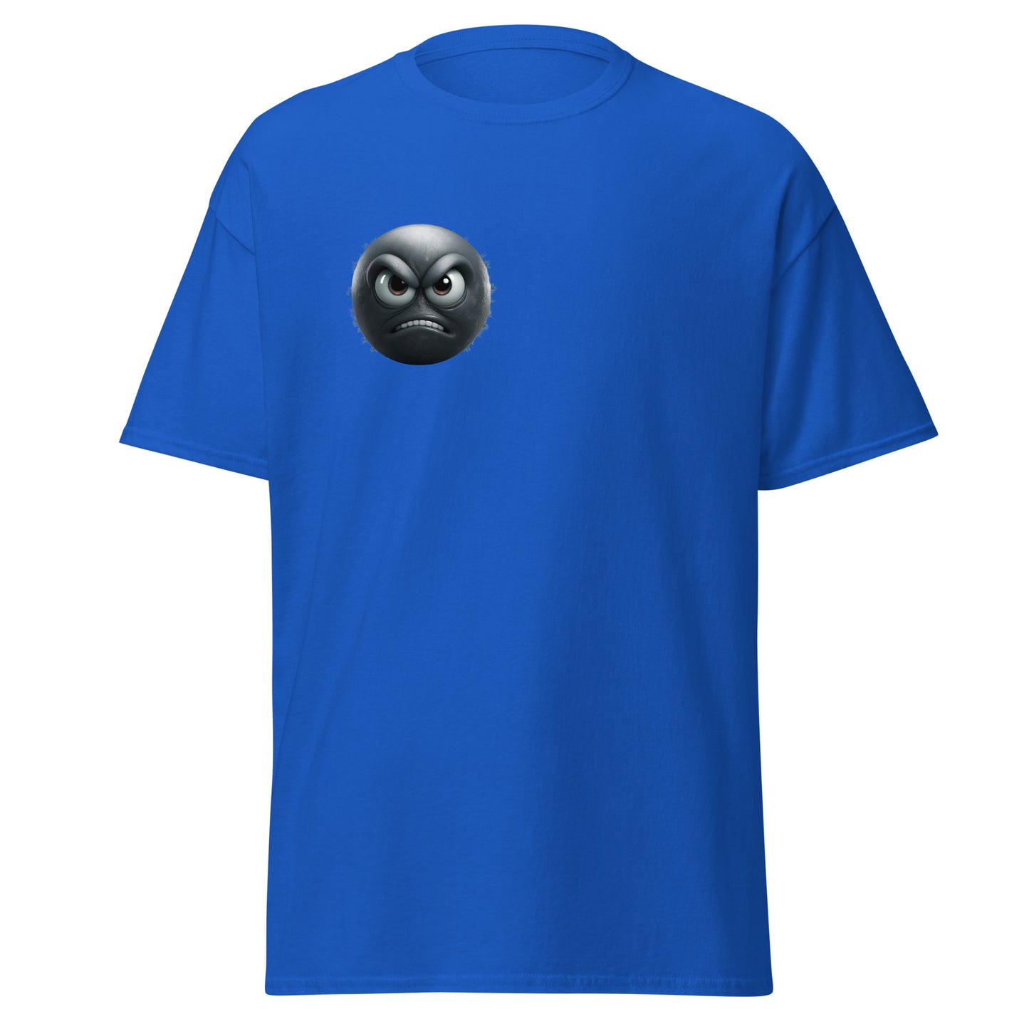 Blue unisex tee with annoyed mood emoji, 100% cotton, trendy streetwear fashion, sustainable and eco-friendly graphic t-shirt.