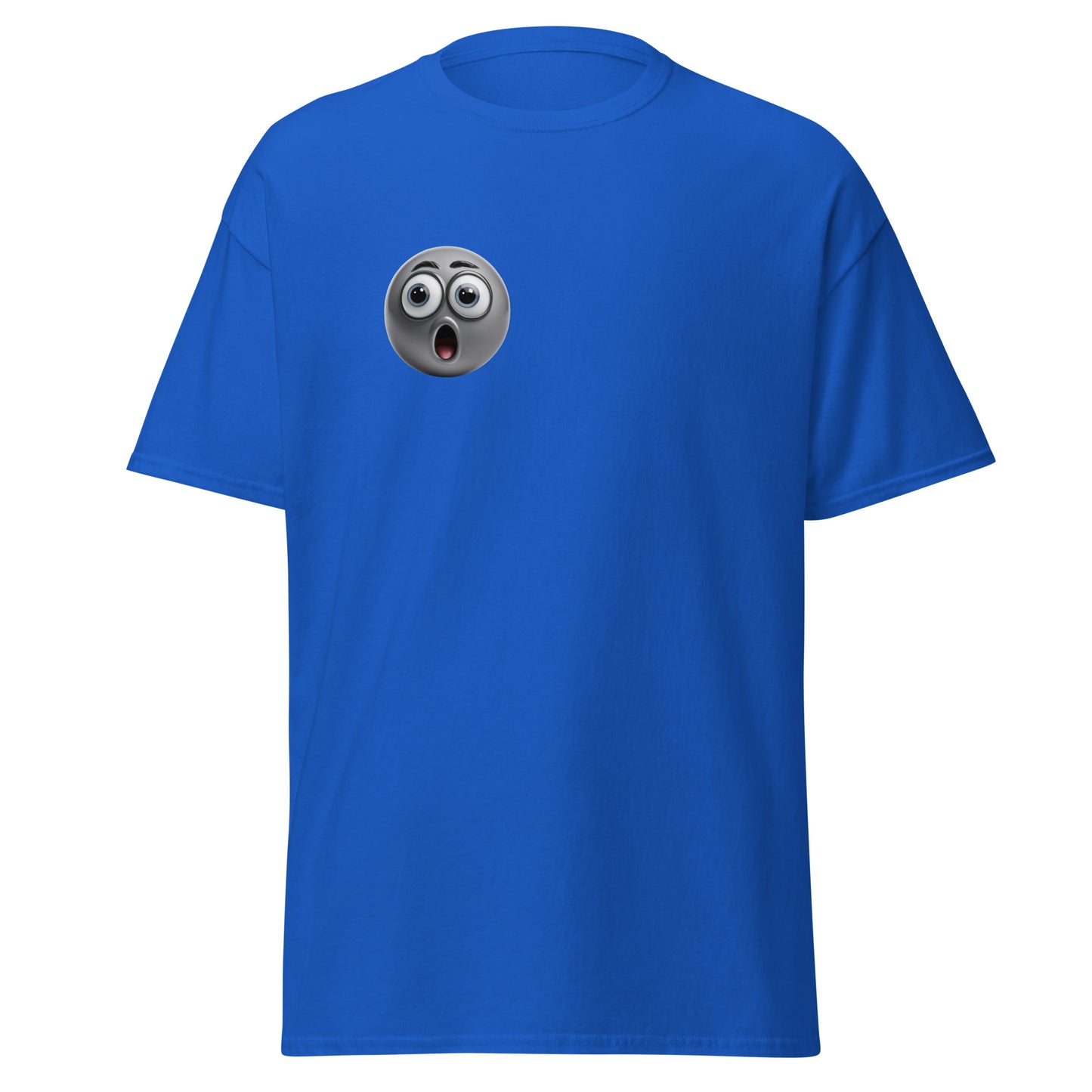 Blue unisex tee with shocked emoji design, trendy streetwear fashion, 100% cotton, unique graphic print, casual and stylish look.