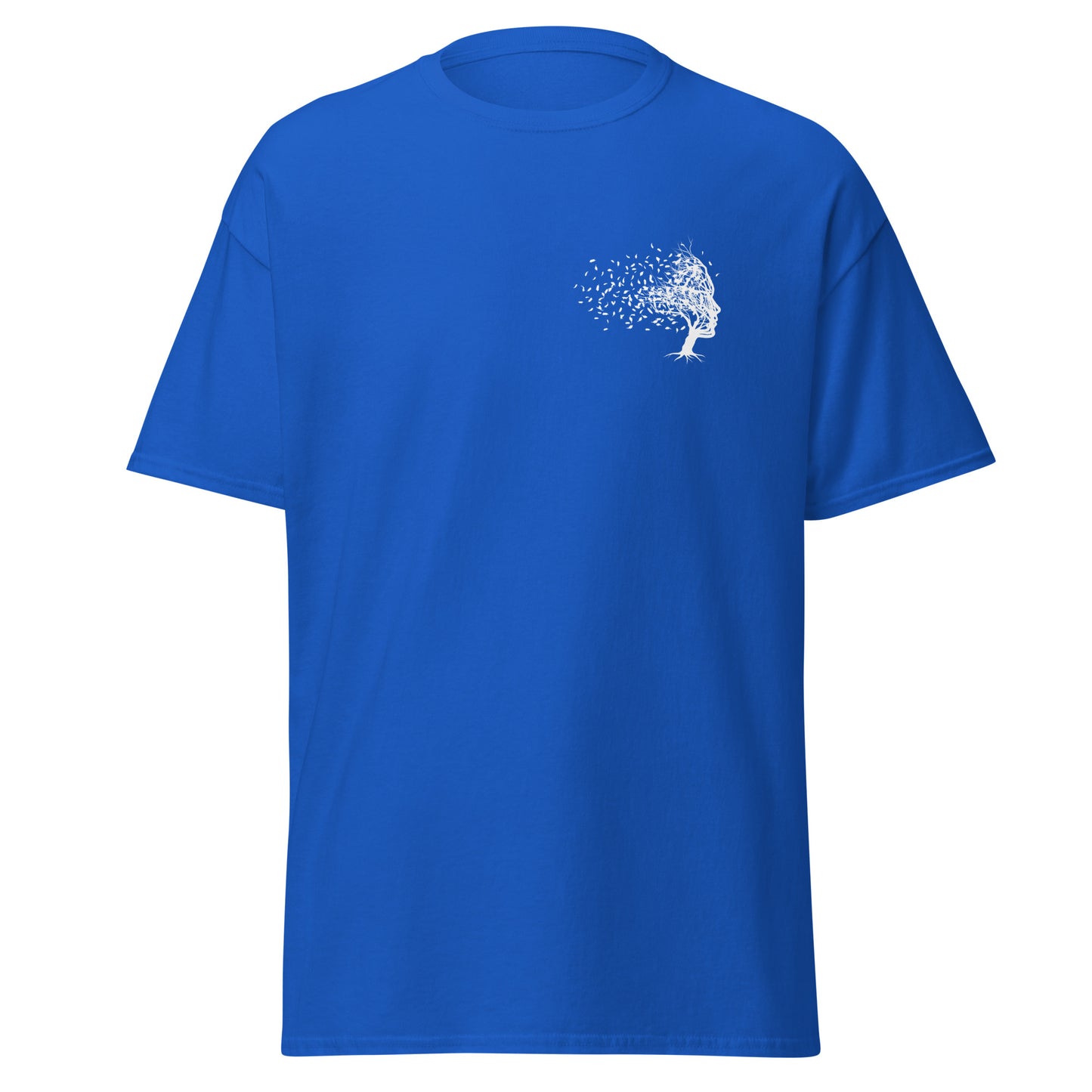 Unisex blue cotton tee with unique tree design, perfect for streetwear fashion and eco-friendly statement pieces.