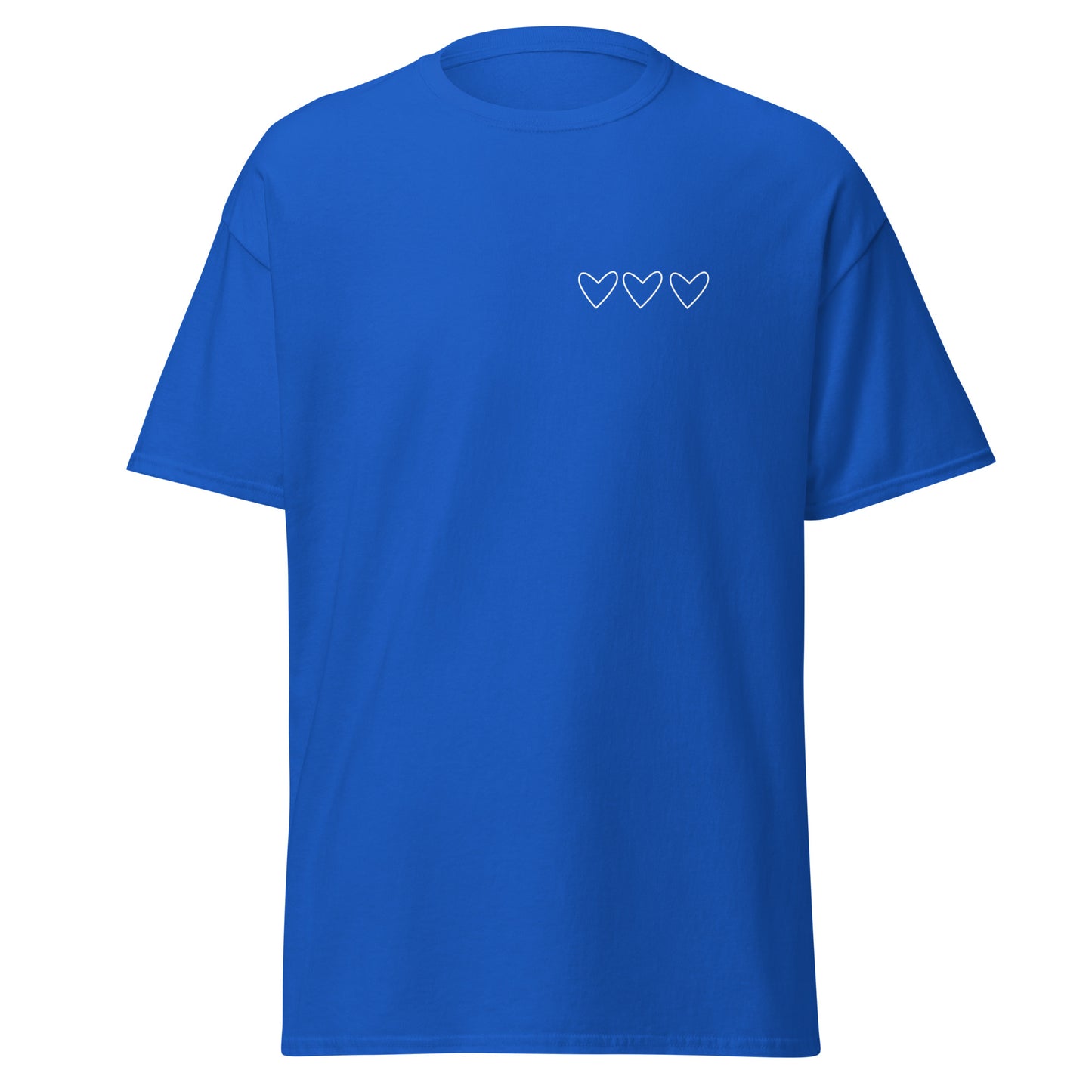 Blue unisex tee with heart design, minimalist streetwear fashion.