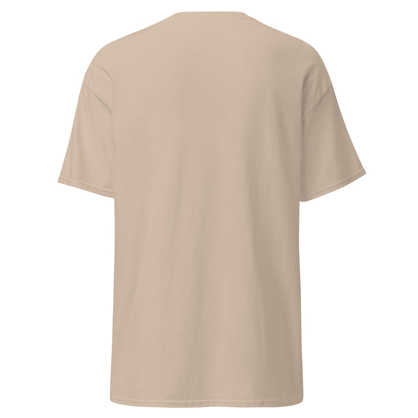 Beige unisex classic tee back view, 100% cotton, perfect for trendy streetwear and sustainable fashion.