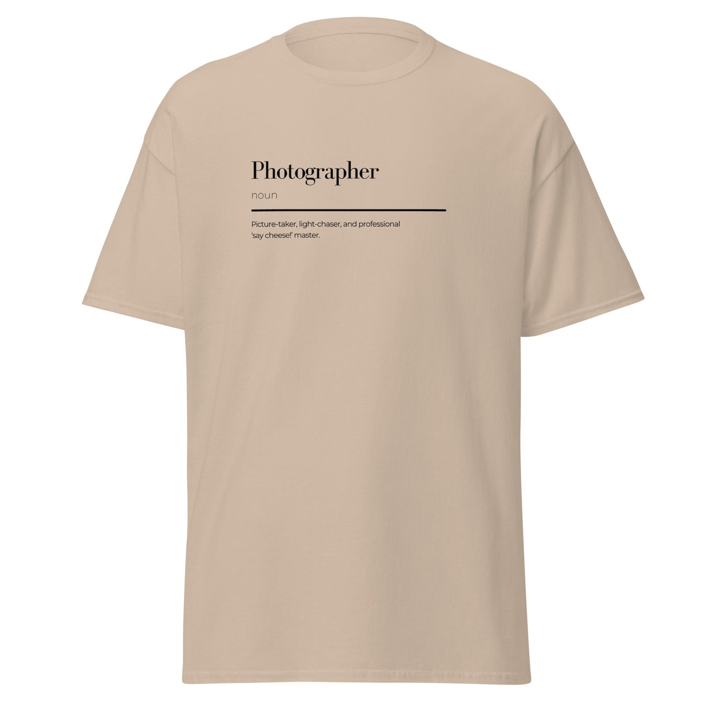 Unisex photographer wordplay tee, minimalist design, 100% cotton, trendy fashion statement, perfect for casual streetwear enthusiasts.