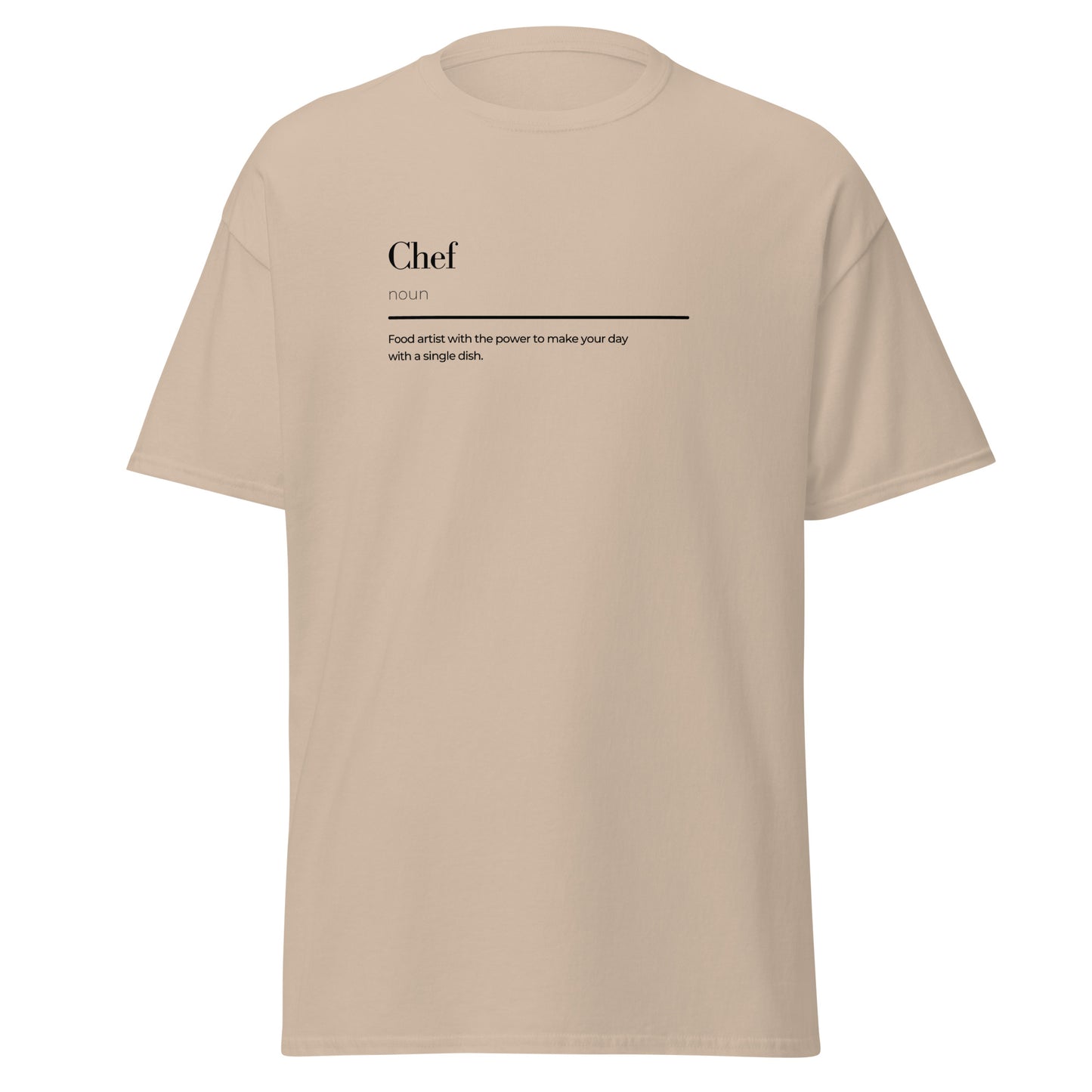 Unisex beige Chef wordplay tee with minimalist design, 100% cotton, perfect for trendy streetwear and eco-friendly fashion lovers.