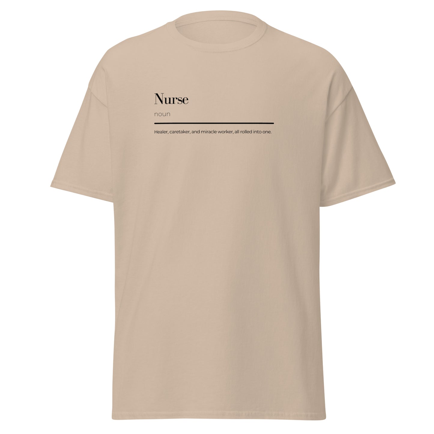 Unisex nurse wordplay tee in beige, featuring unique minimalist design, perfect for casual wear and trendy streetwear outfits.