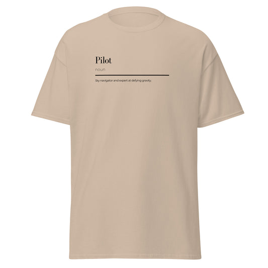 Unisex beige t-shirt with pilot wordplay graphic, perfect for trendy streetwear and sustainable fashion enthusiasts.