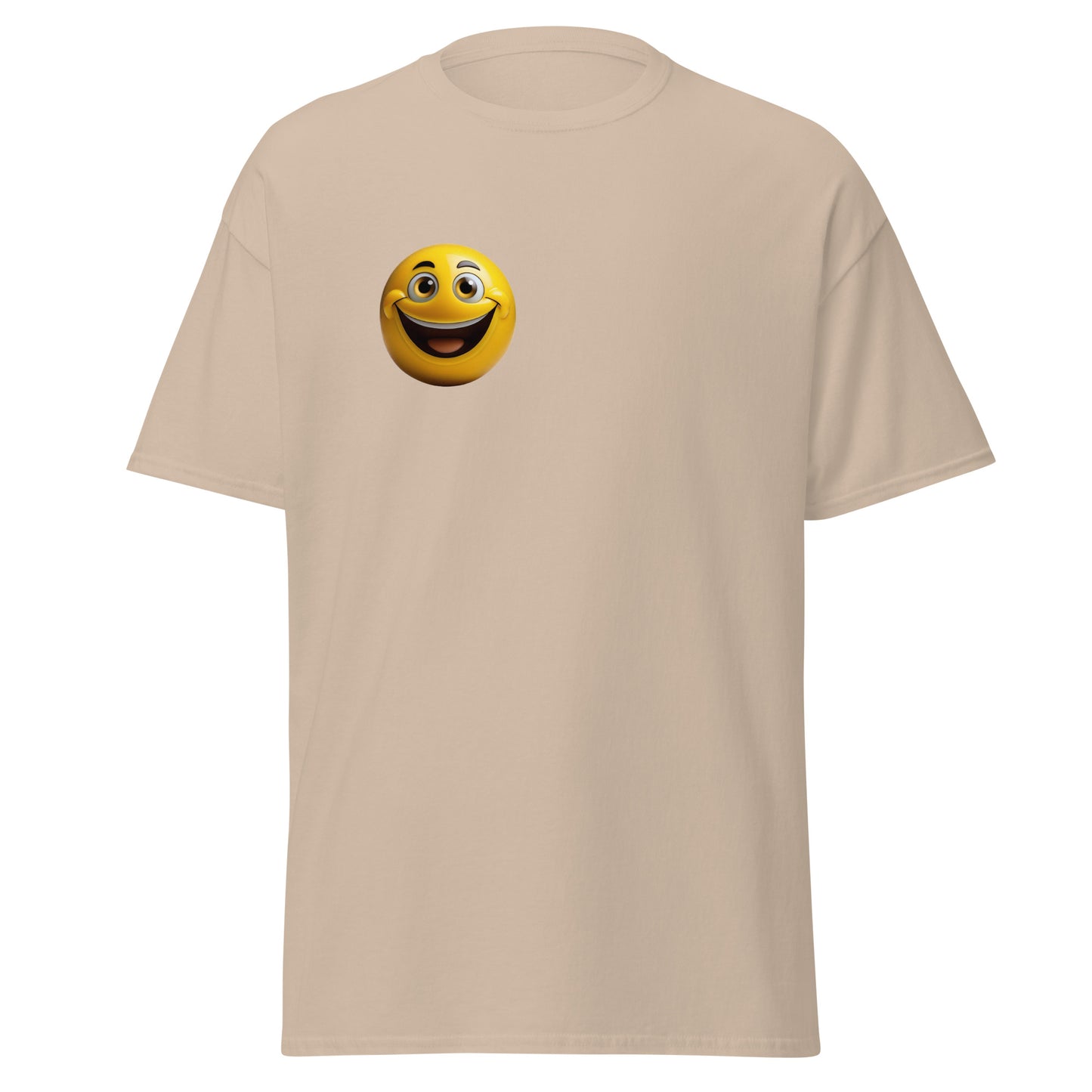 "Cheerful Vibes Emoji Unisex Classic Tee with Minimalist Design on Beige Cotton Fabric"