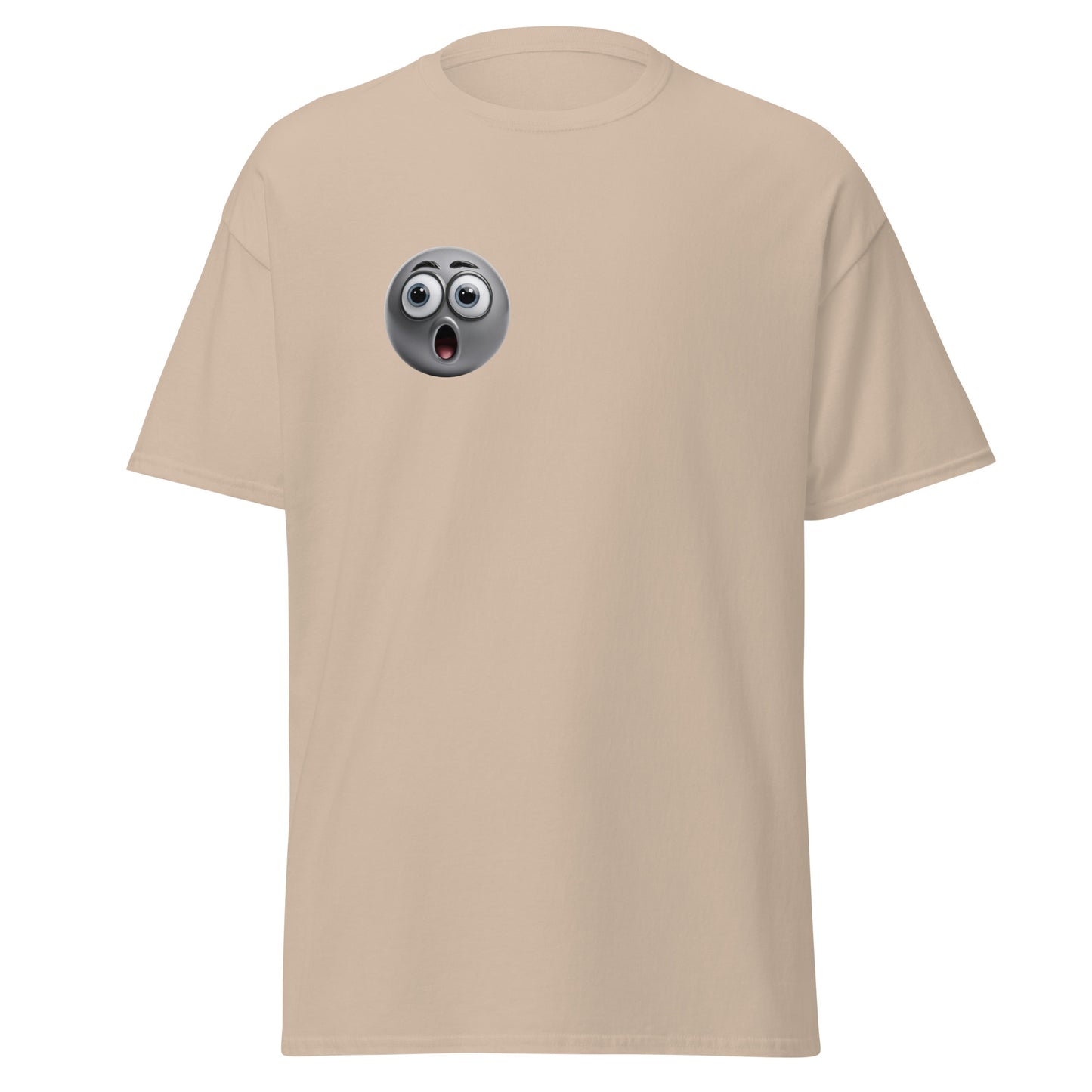 Beige unisex tee featuring a shocked expression emoji, perfect for unique streetwear and bold fashion statements.