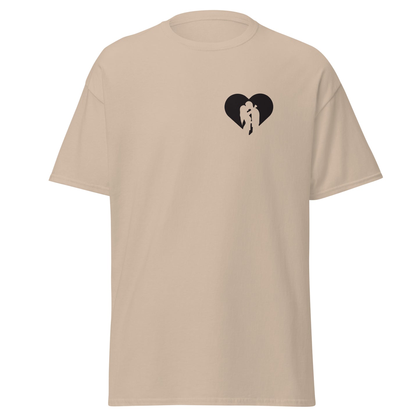 Unisex classic tee with heart design, eco-friendly cotton, minimalist streetwear, trendy custom apparel, perfect for casual wear.