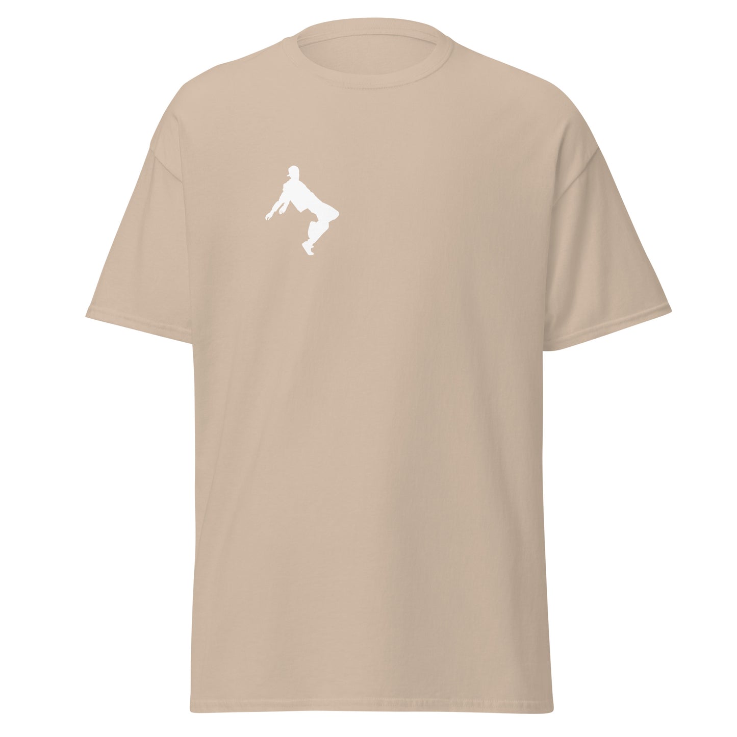 Unisex classic tee with unique graphic print in beige, perfect for trendy streetwear and sustainable fashion enthusiasts.