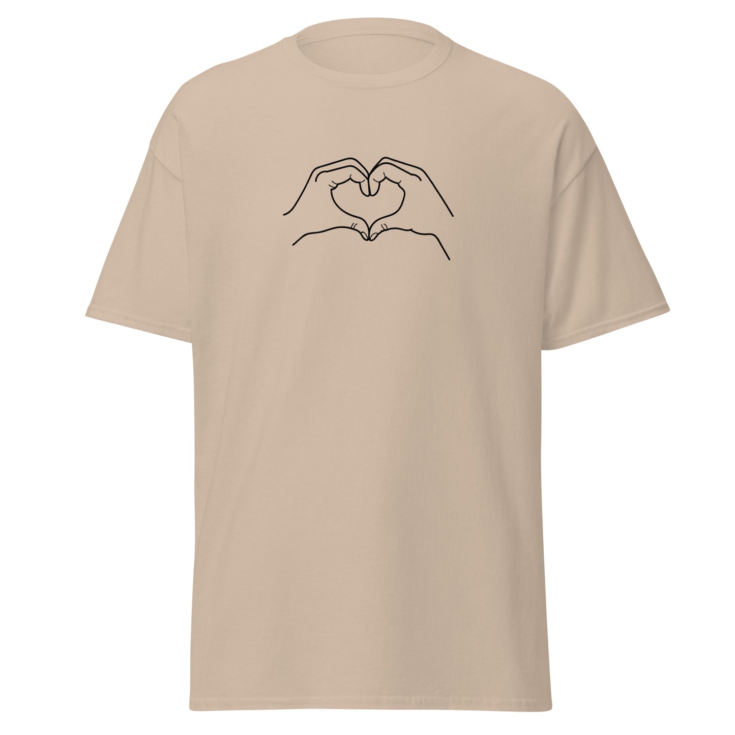 Beige unisex t-shirt with heart hands graphic, perfect for streetwear and sustainable fashion enthusiasts.