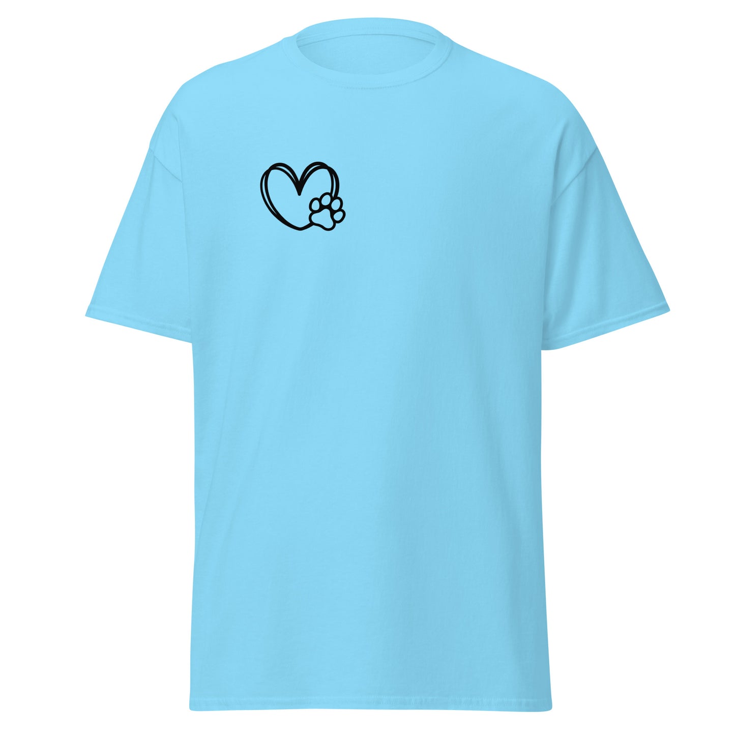 Light blue unisex classic tee with a heart and paw print design, perfect for trendy streetwear and sustainable fashion lovers.