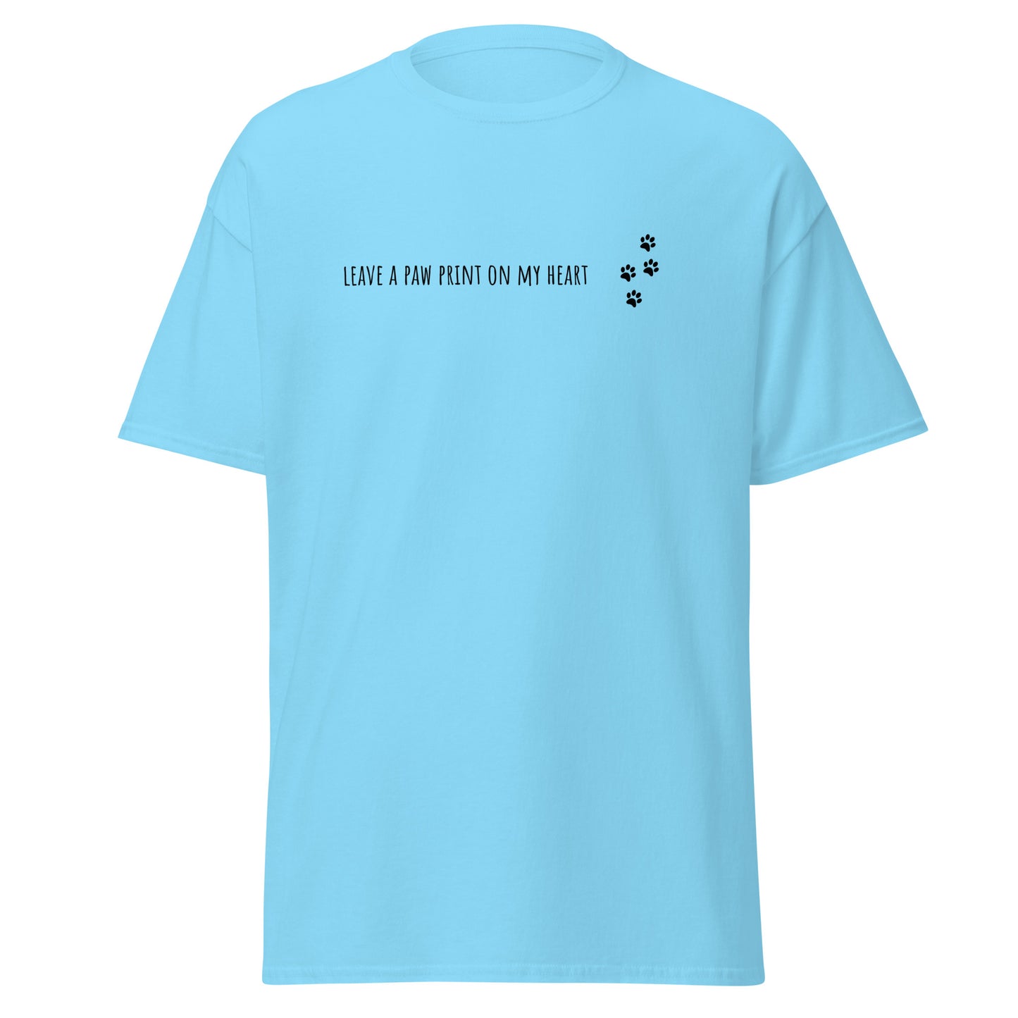 Light blue unisex classic tee with "Leave a Paw Print on My Heart" design, featuring paw prints, trendy streetwear fashion.