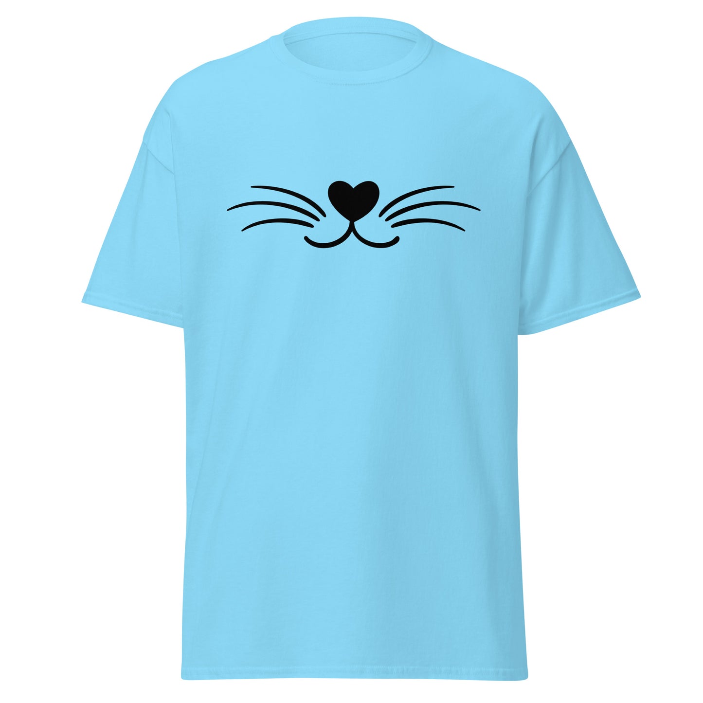 Light blue unisex t-shirt with a whimsical black whisker and heart nose design, perfect for trendy streetwear and unique fashion lovers.