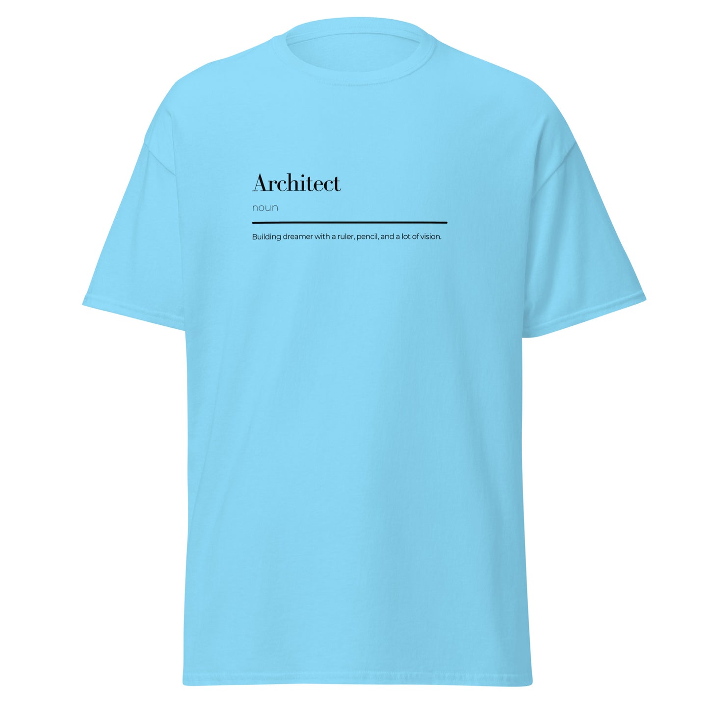 Unisex cotton tee featuring architect wordplay design in blue, perfect for streetwear and sustainable fashion enthusiasts.