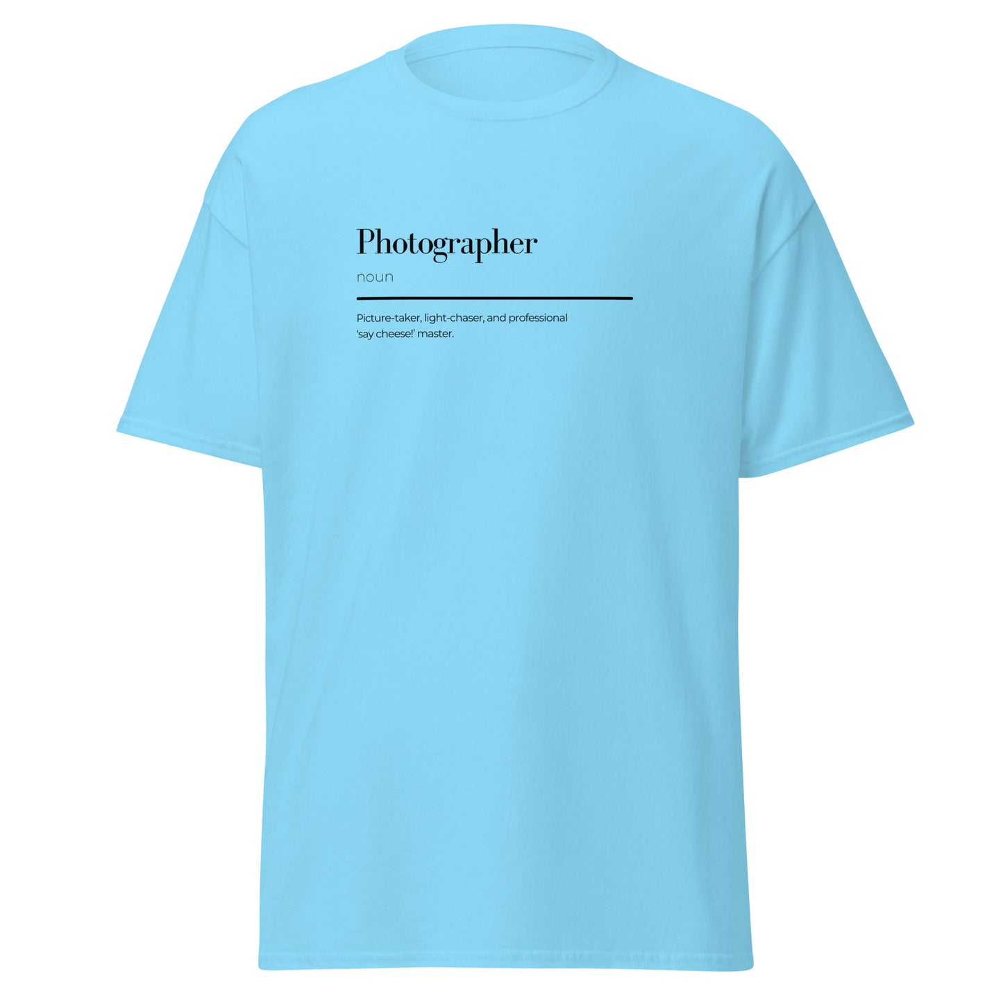 Unisex blue t-shirt with wordplay 'Photographer' design, minimalist style, trendy fashion, 100% cotton, statement piece.