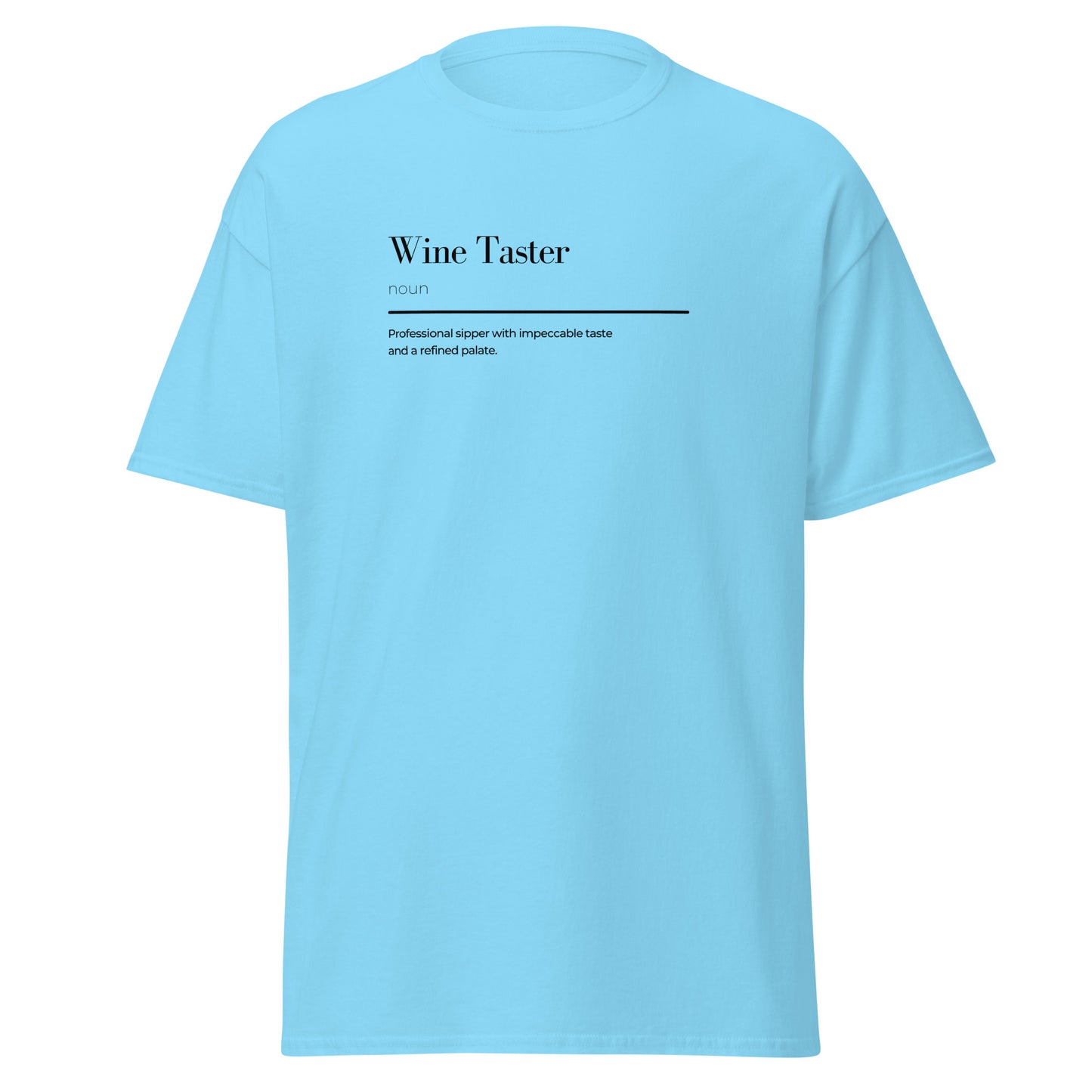 Unisex classic tee with "Wine Taster" graphic, 100% cotton, trendy streetwear fashion, perfect for casual and layered outfits.