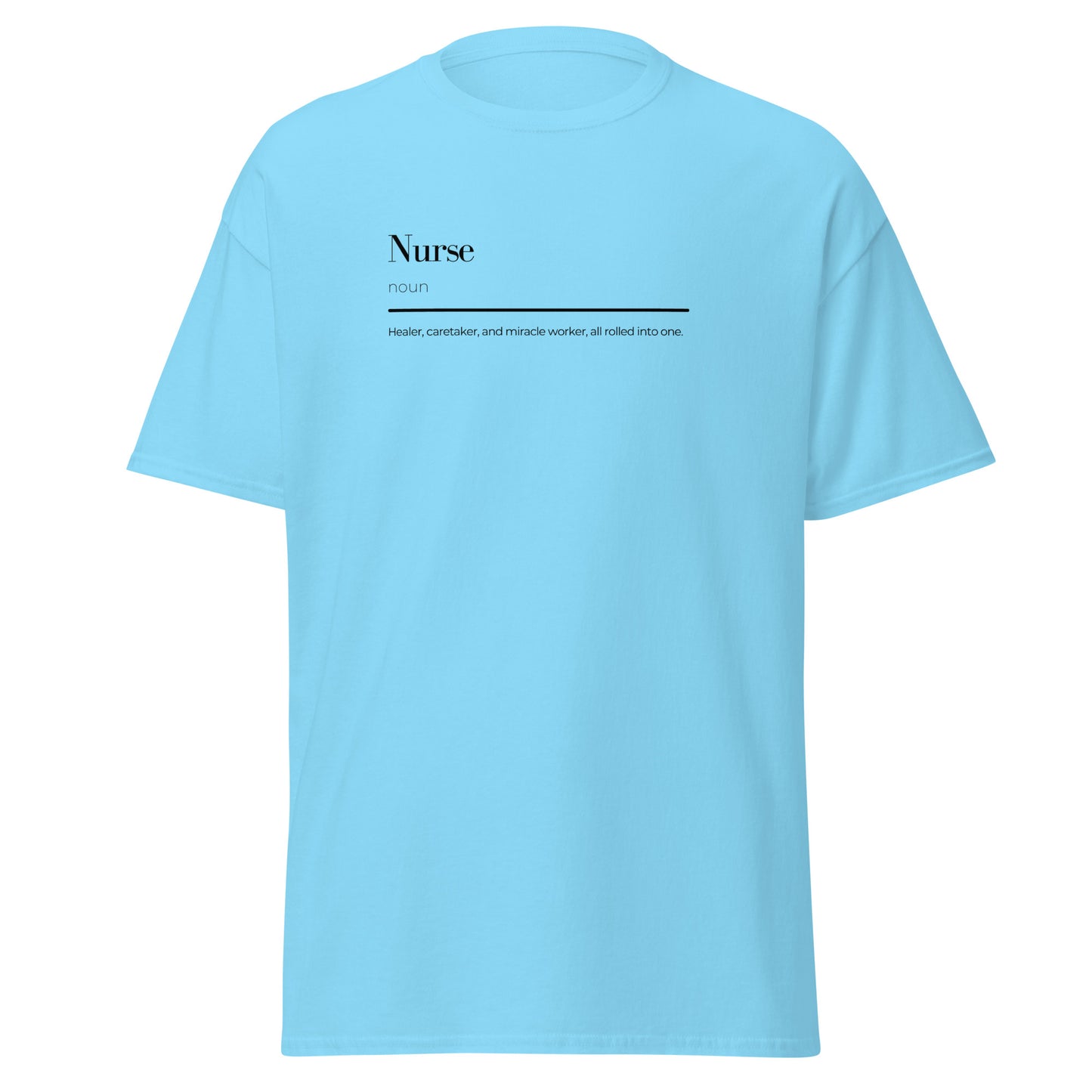 Light blue nurse wordplay unisex classic tee with unique definition design, perfect for casual wear and streetwear fashion enthusiasts.