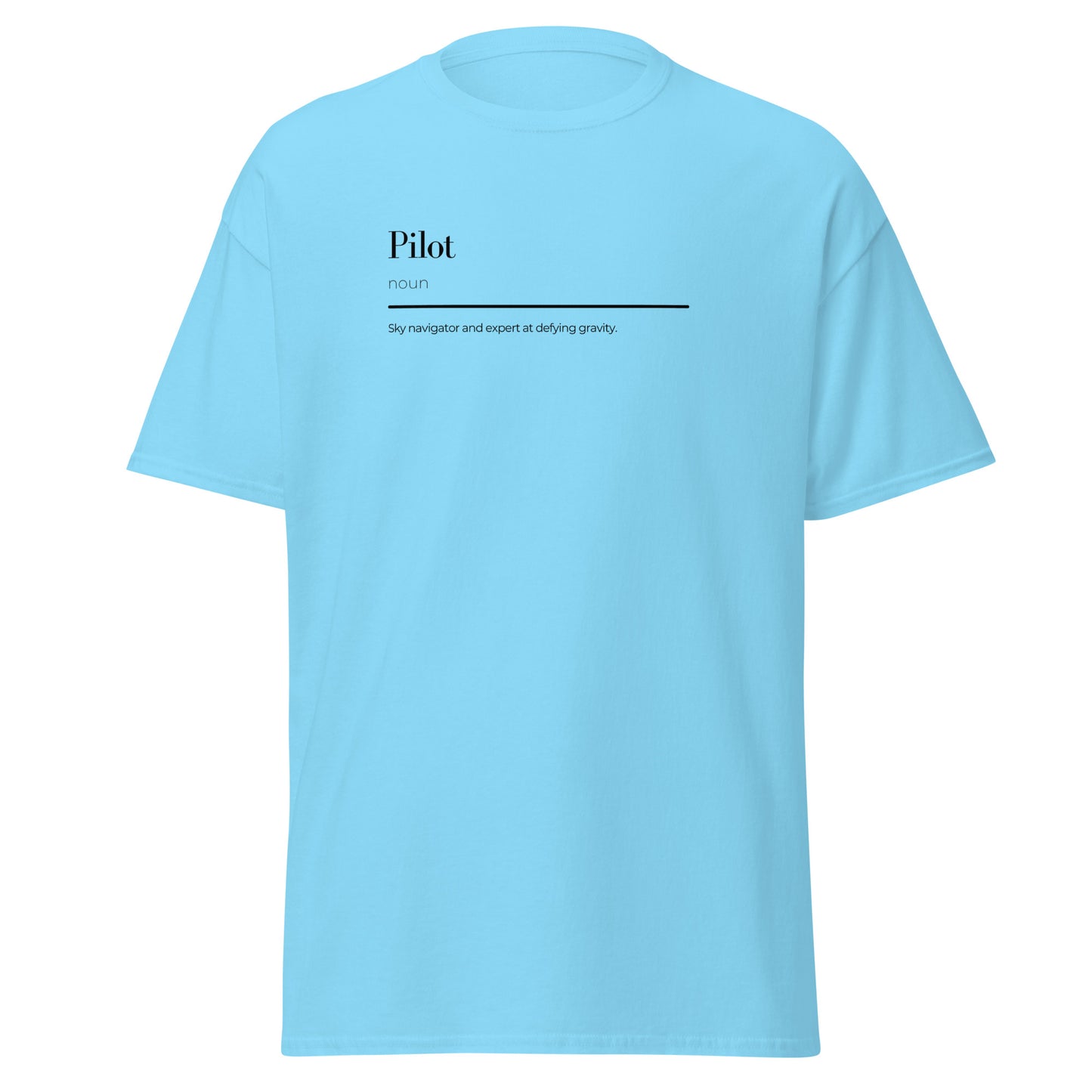 Sky blue Pilot wordplay unisex tee, sustainable cotton, perfect for trendy streetwear and casual fashion.