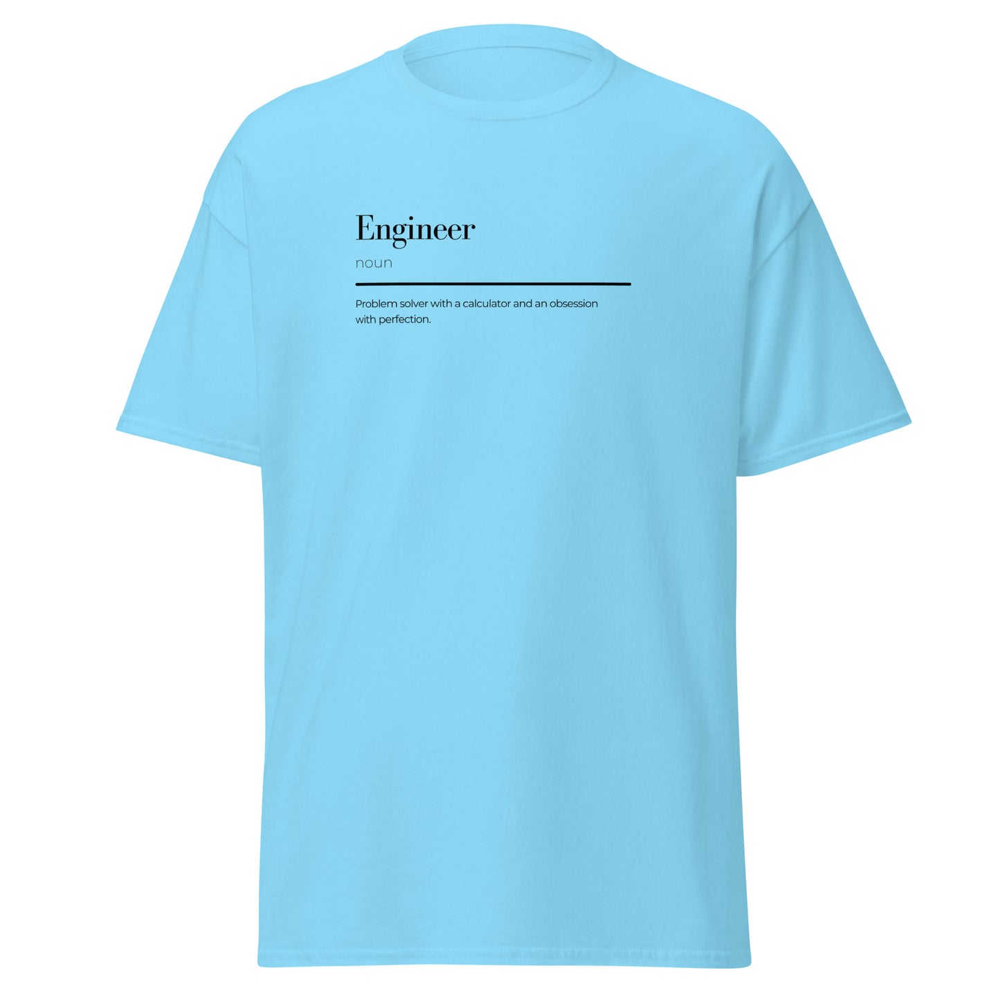 Light blue unisex t-shirt with "Engineer" wordplay design, perfect for trendy streetwear and minimalist fashion lovers.