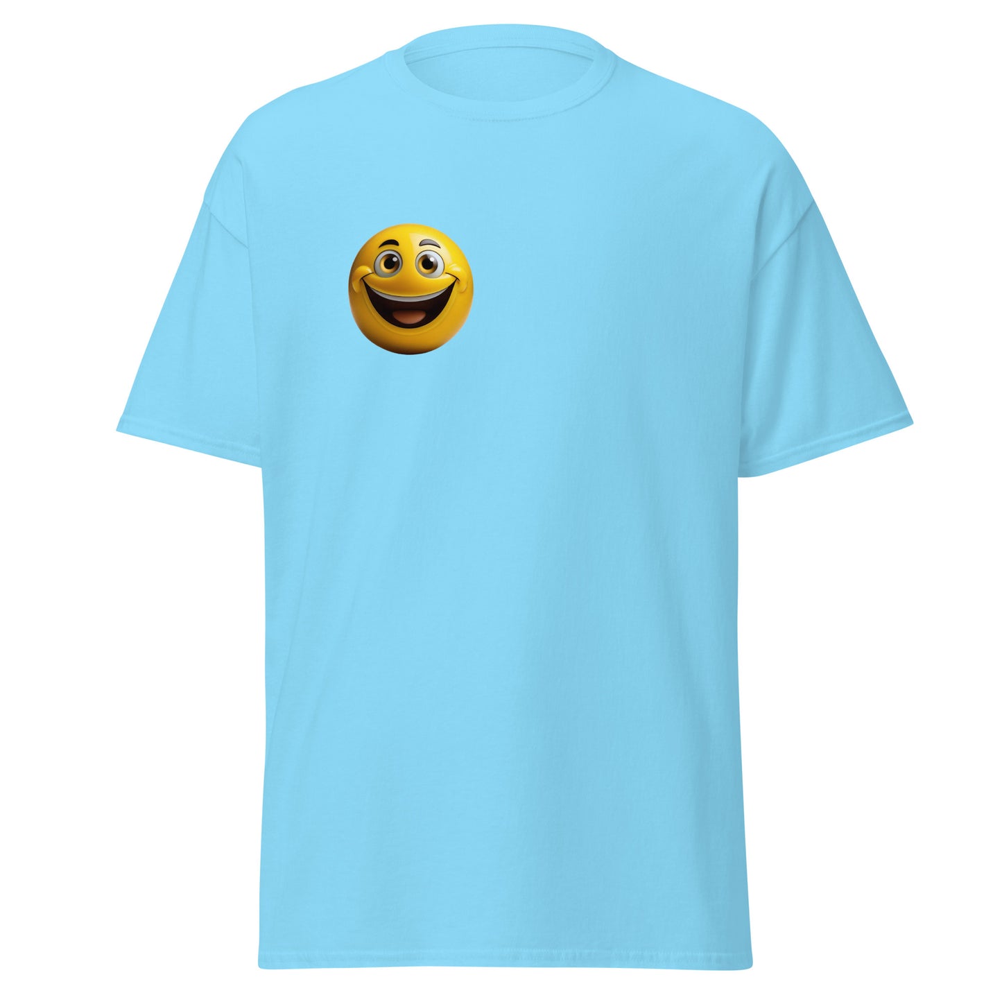 Cheerful Vibes Emoji Tee in blue, 100% cotton, unisex fashion, unique design, casual streetwear, trendy graphic apparel, gift idea