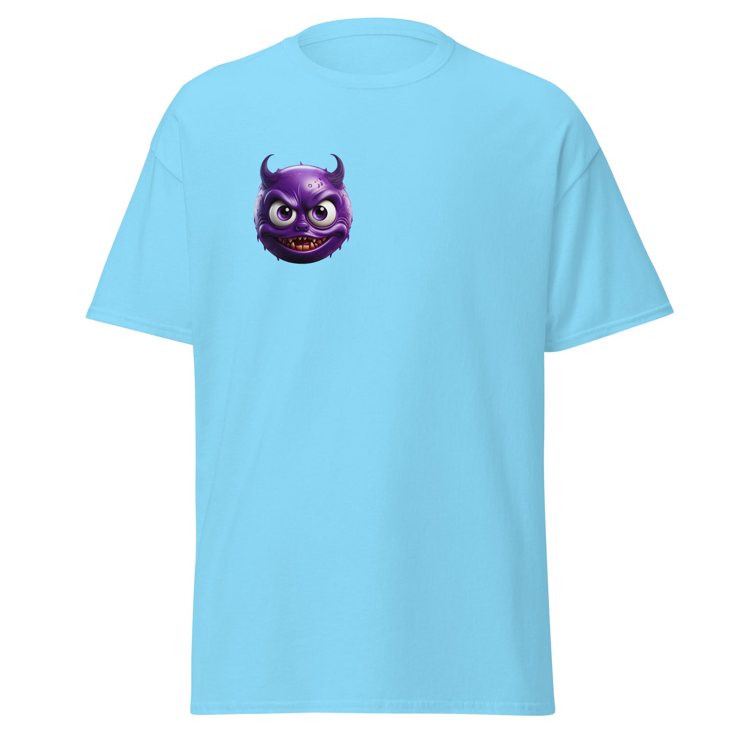 Mischievous Devil Emoji Unisex Tee in Blue - Trendy Graphic T-Shirt for Streetwear Fashion and Unique Design Lovers