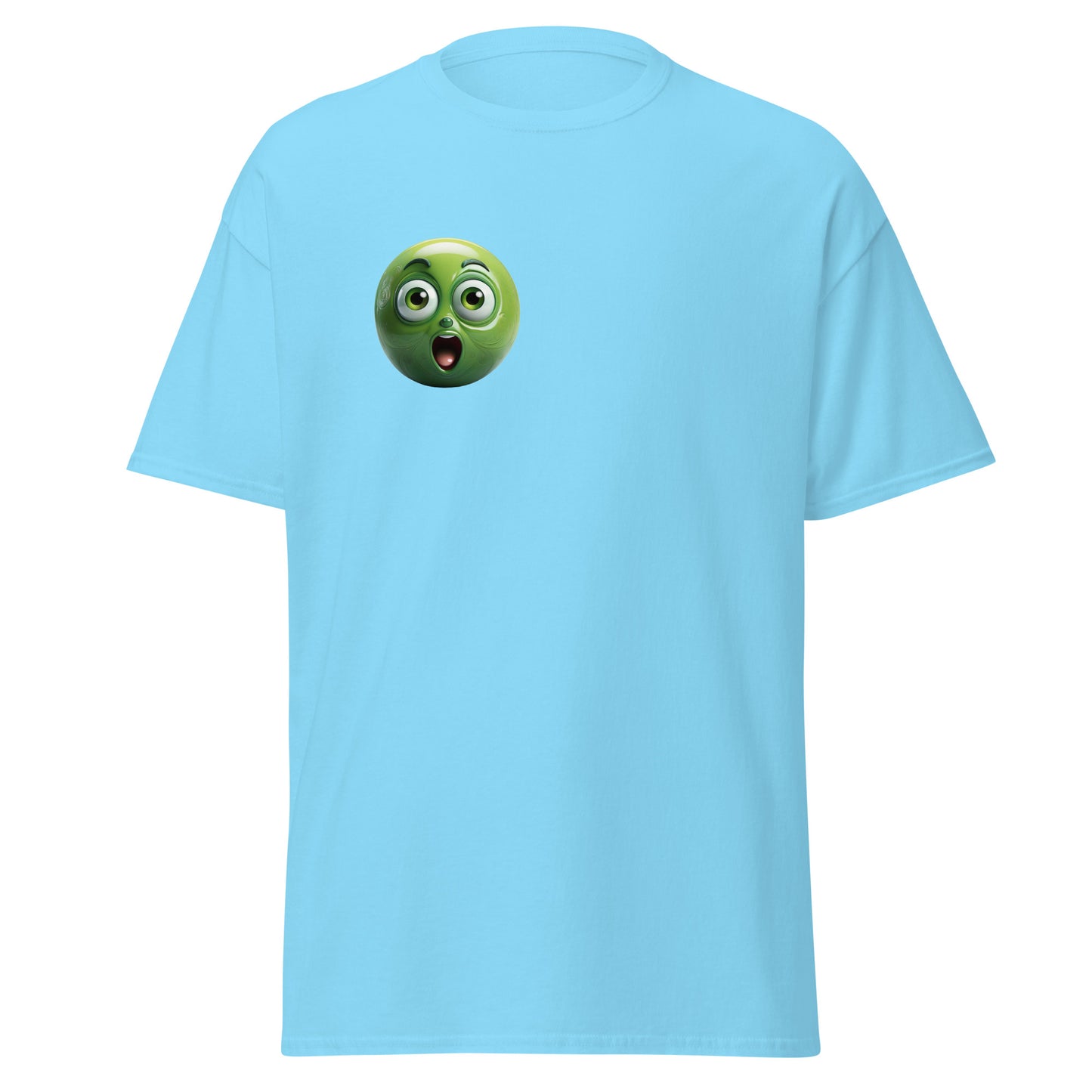 Surprised Reaction Emoji graphic tee in light blue; trendy unisex streetwear, perfect for minimalist and eco-friendly fashion lovers.