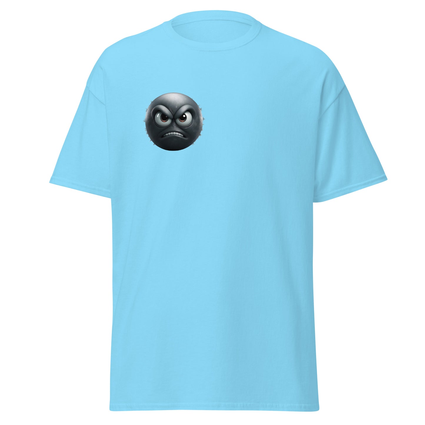 Unisex blue tee with annoyed mood emoji, perfect for trendy streetwear and unique fashion statements.