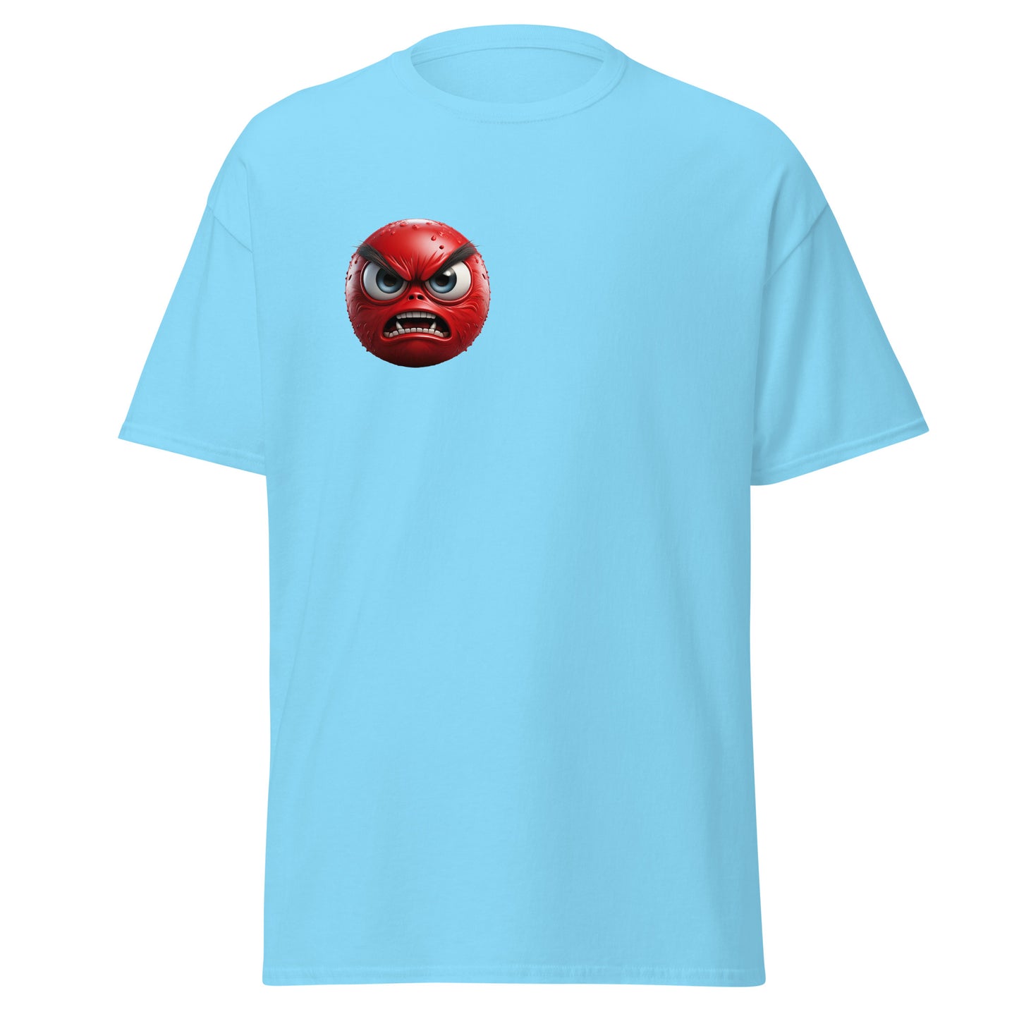 Angry Blast Emoji graphic tee in light blue, unisex fashion statement, 100% cotton, trendy streetwear, unique minimalist design.