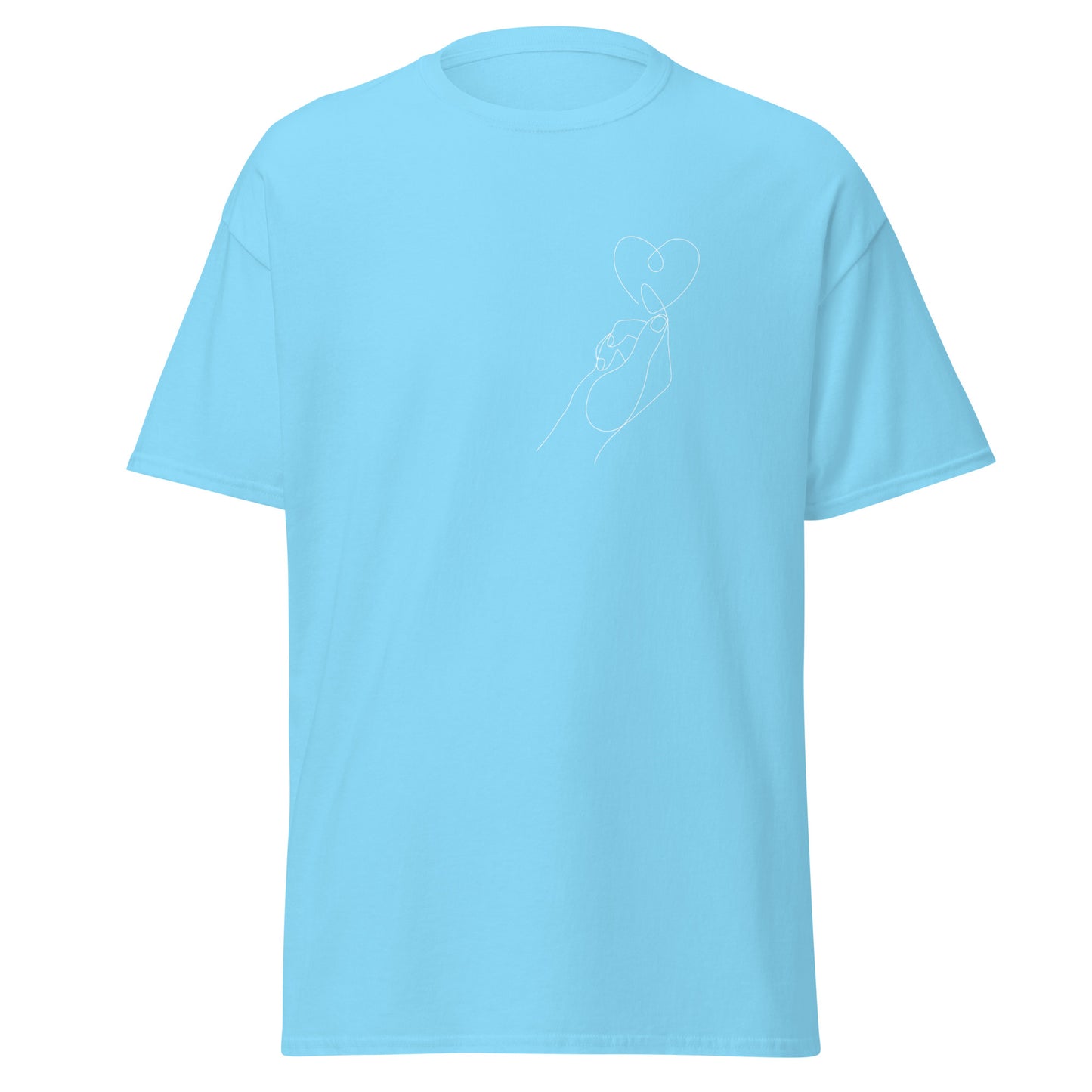 Light blue unisex classic tee with heart-in-hand graphic, minimalist design, 100% cotton, perfect for trendy streetwear and casual fashion.