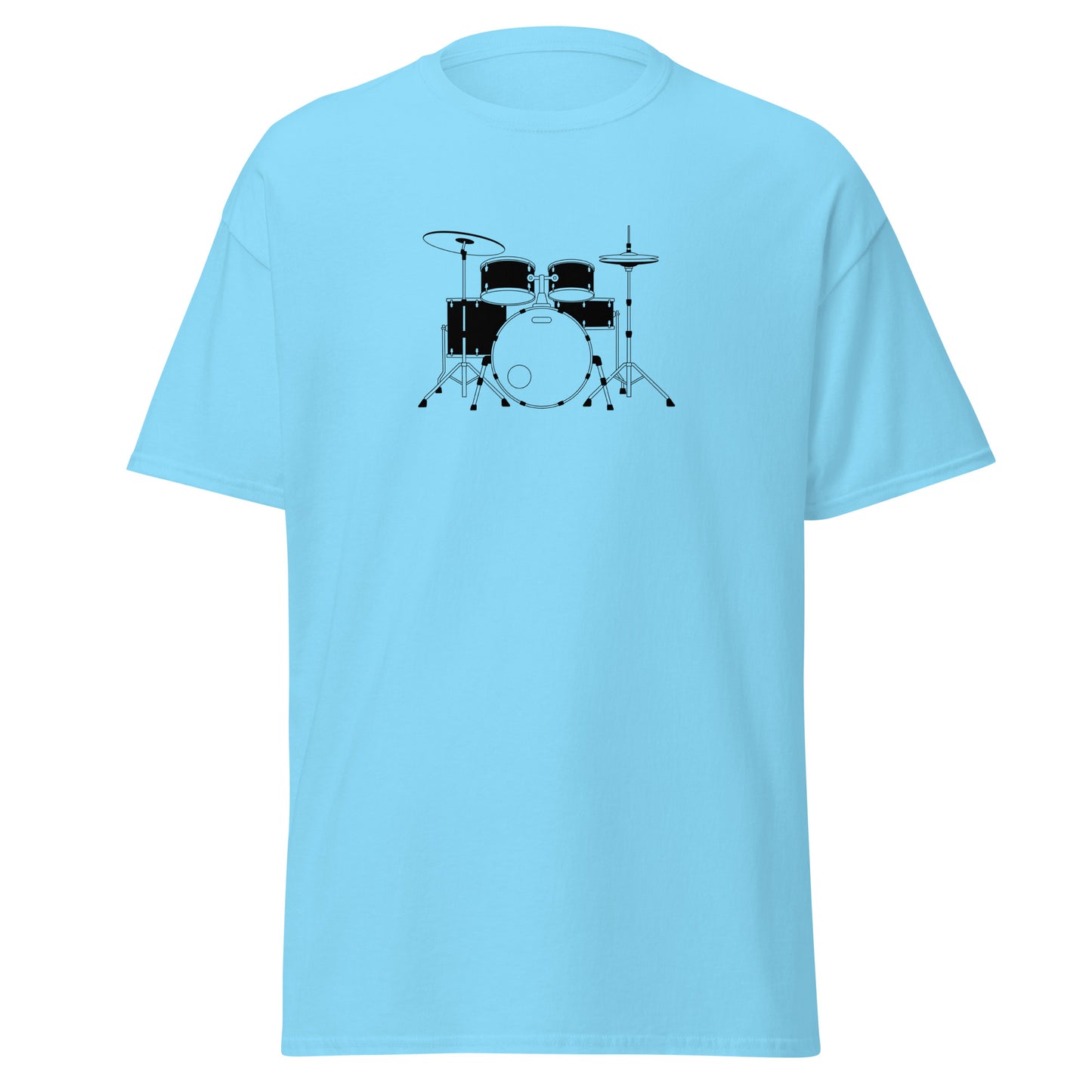 Light blue unisex tee featuring a unique drum kit design, perfect for streetwear fashion and personalized statement pieces.