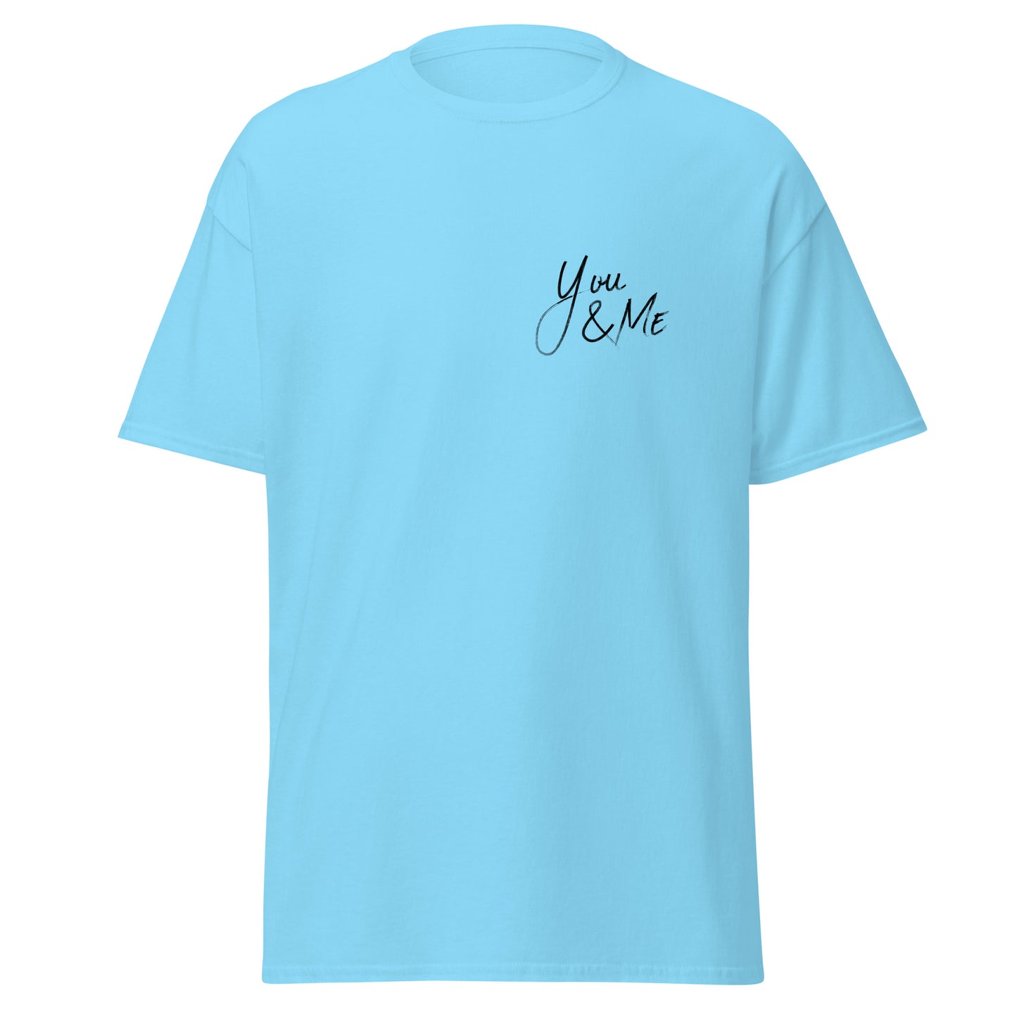 Light blue unisex t-shirt with "You & Me" text, sustainable fashion, minimalist streetwear, 100% cotton, trendy casual wear.