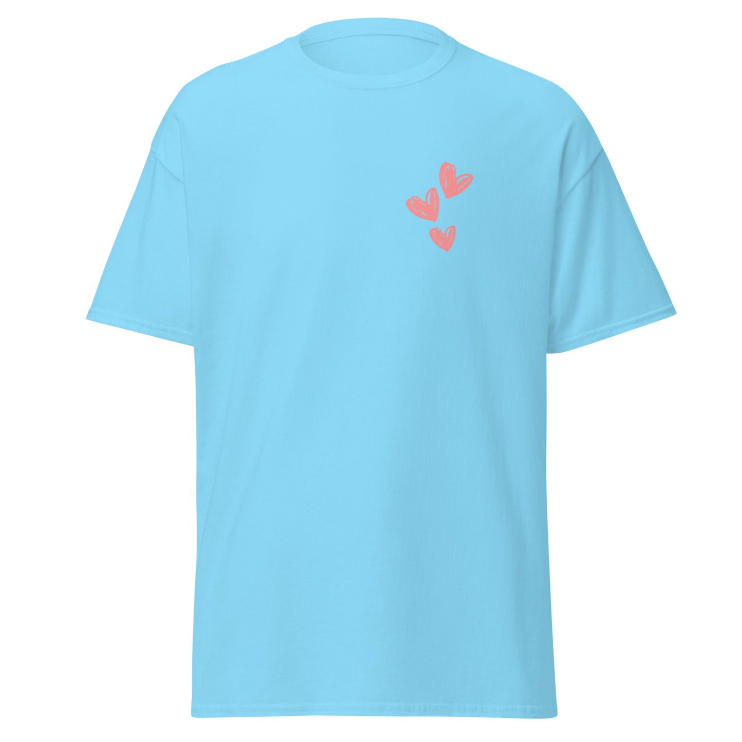 Triple Love Unisex classic tee, light blue with heart design, 100% cotton, perfect for trendy streetwear and casual fashion looks.