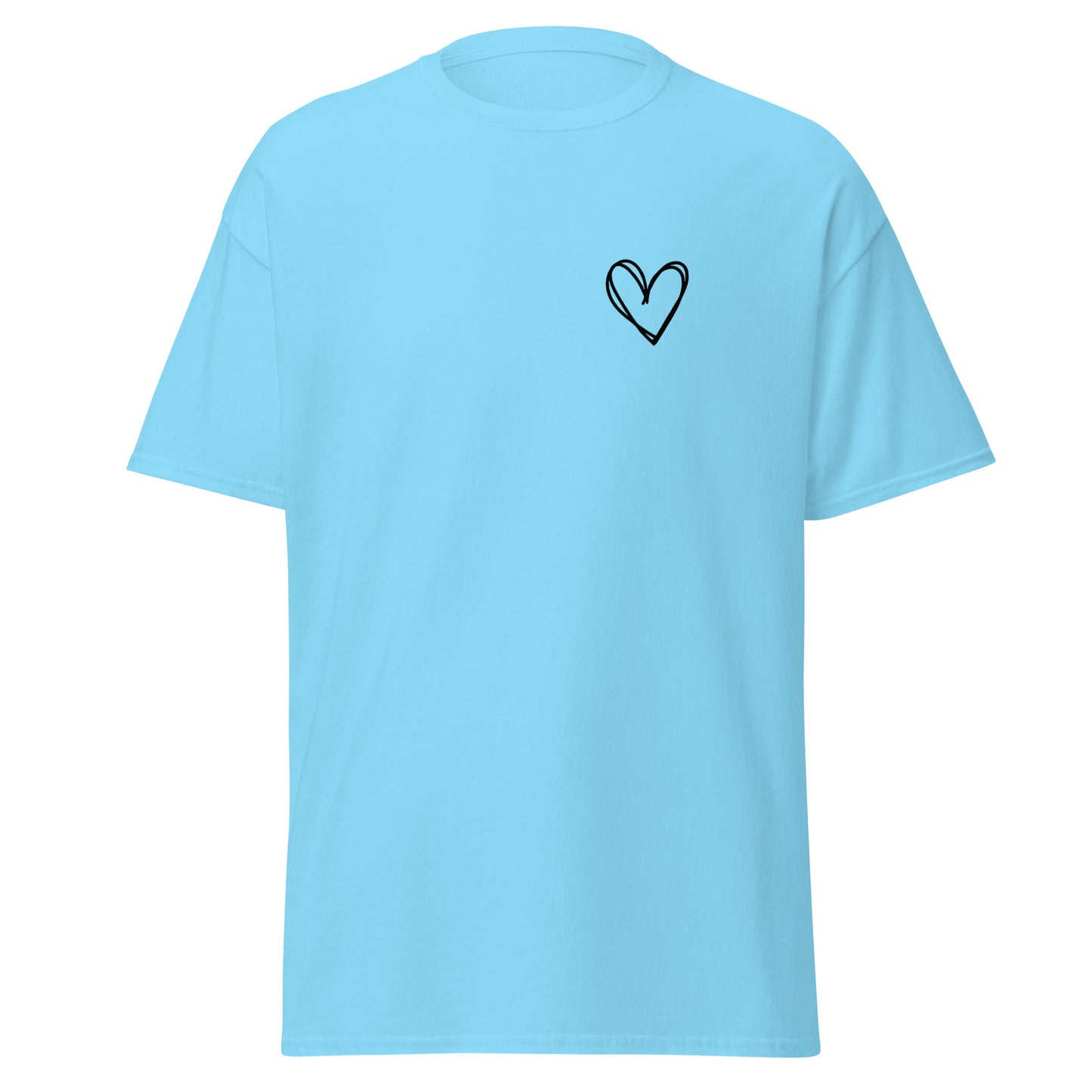 Unisex blue heart graphic tee, trendy minimalist statement piece, sustainable 100% cotton casual wear, perfect for streetwear fashion.