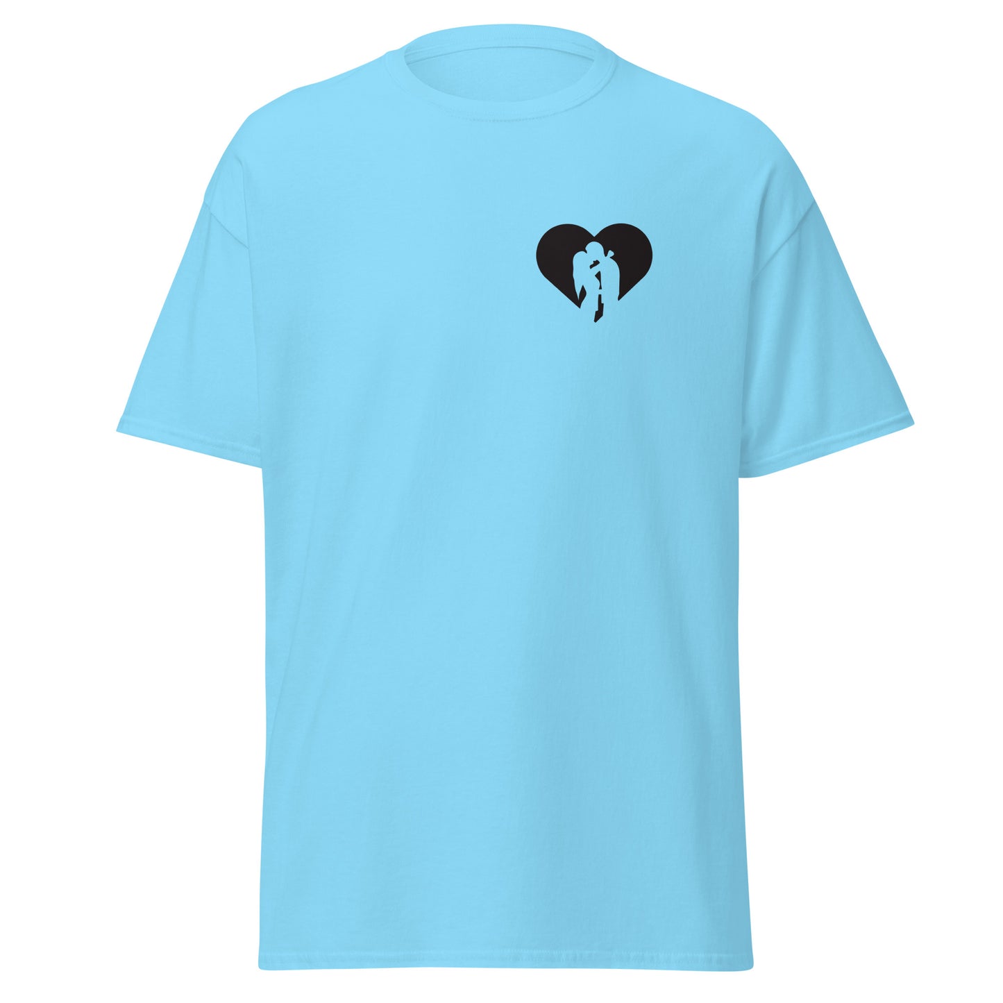 Unisex blue tee with heart graphic, stylish streetwear fashion, 100% cotton classic fit, minimalist custom apparel.