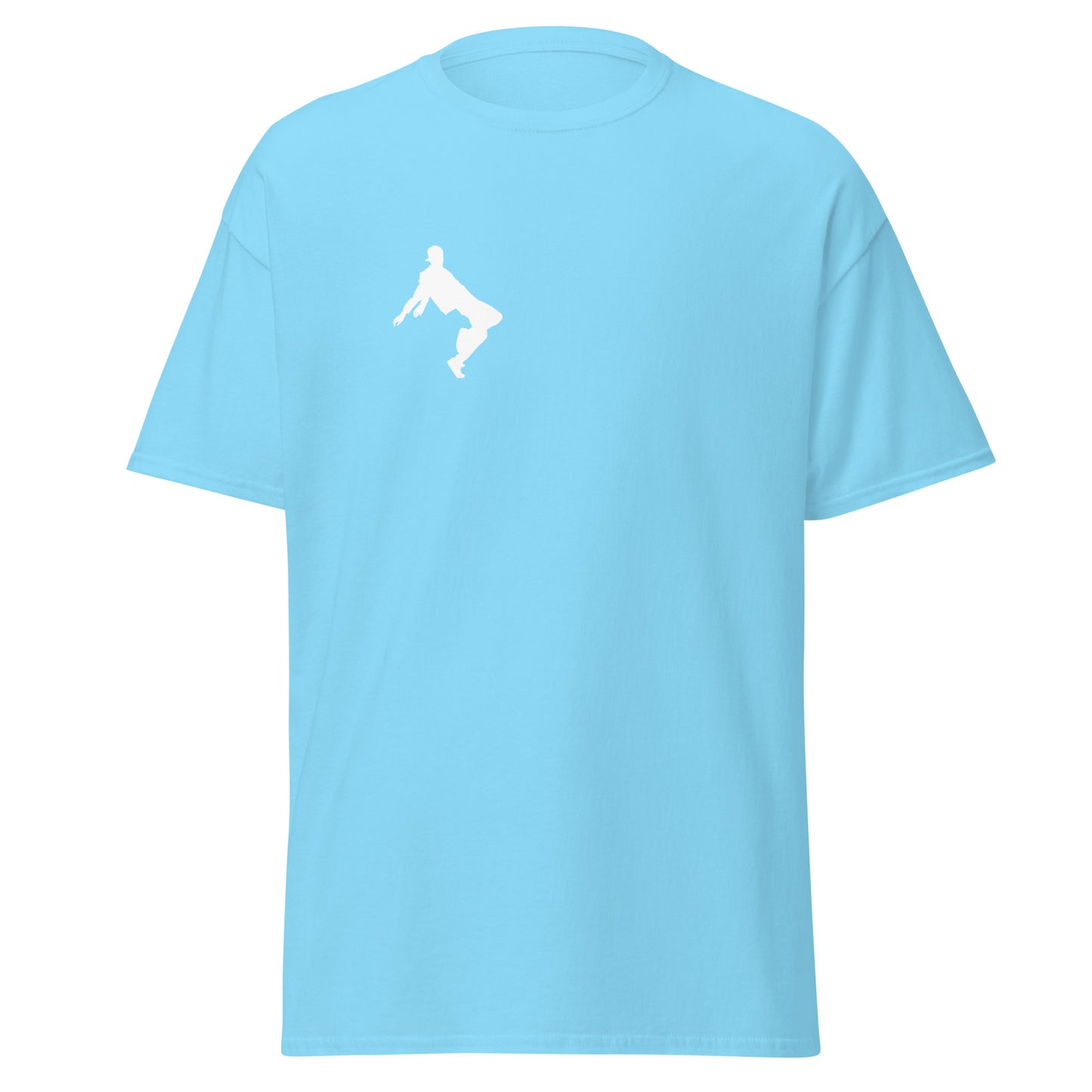 Light blue unisex t-shirt with minimalist graphic design, perfect for trendy streetwear and sustainable fashion lovers.