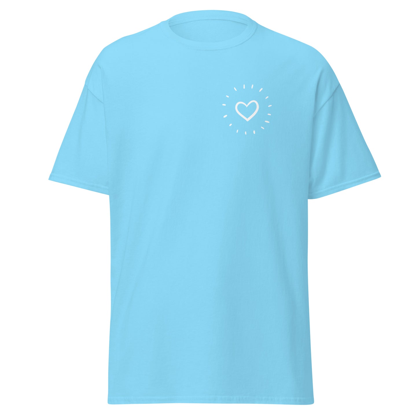 Light blue unisex classic tee with heart design, 100% cotton, perfect for trendy streetwear and sustainable fashion.