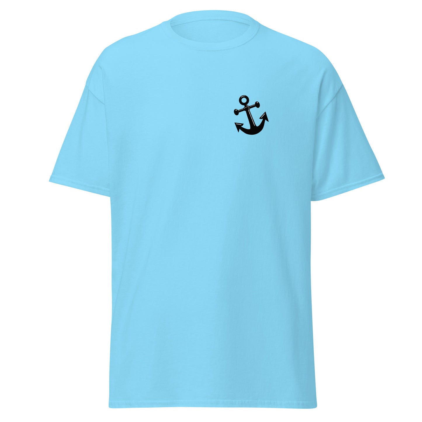 Unisex classic tee with anchor design, 100% cotton, sky blue, perfect for trendy streetwear and minimalist fashion enthusiasts.