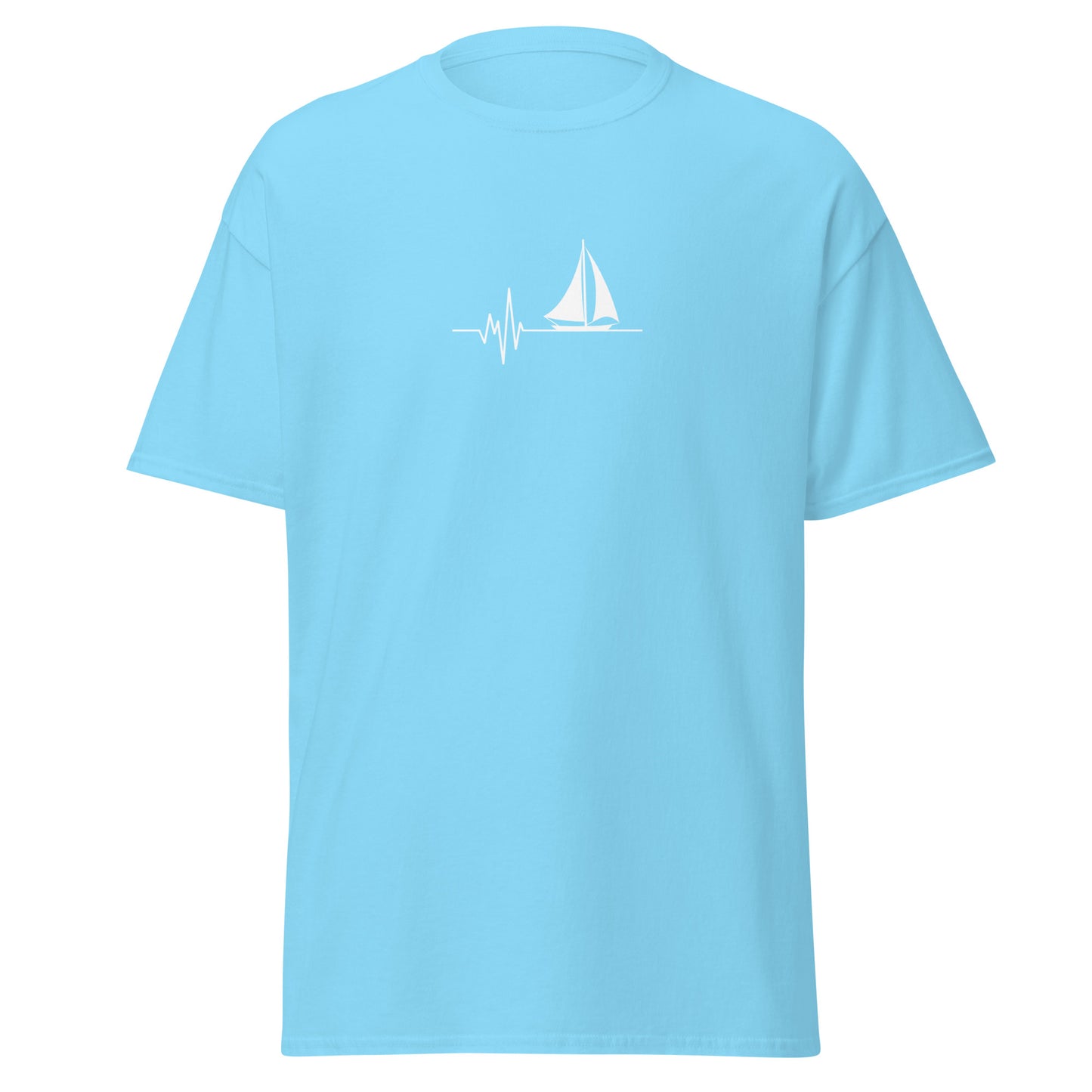 Unisex sky blue tee with minimalist sailboat and heart design, perfect for trendy streetwear and sustainable fashion lovers.