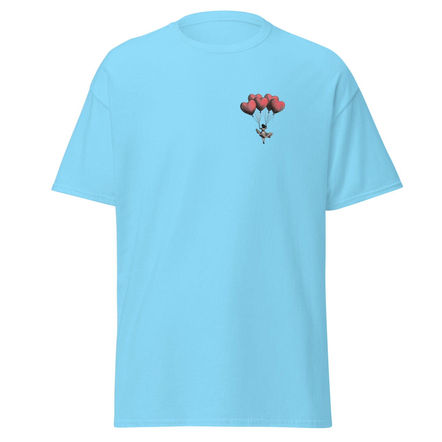 Light blue unisex classic tee with heart balloon design, perfect for trendy streetwear and sustainable fashion enthusiasts.