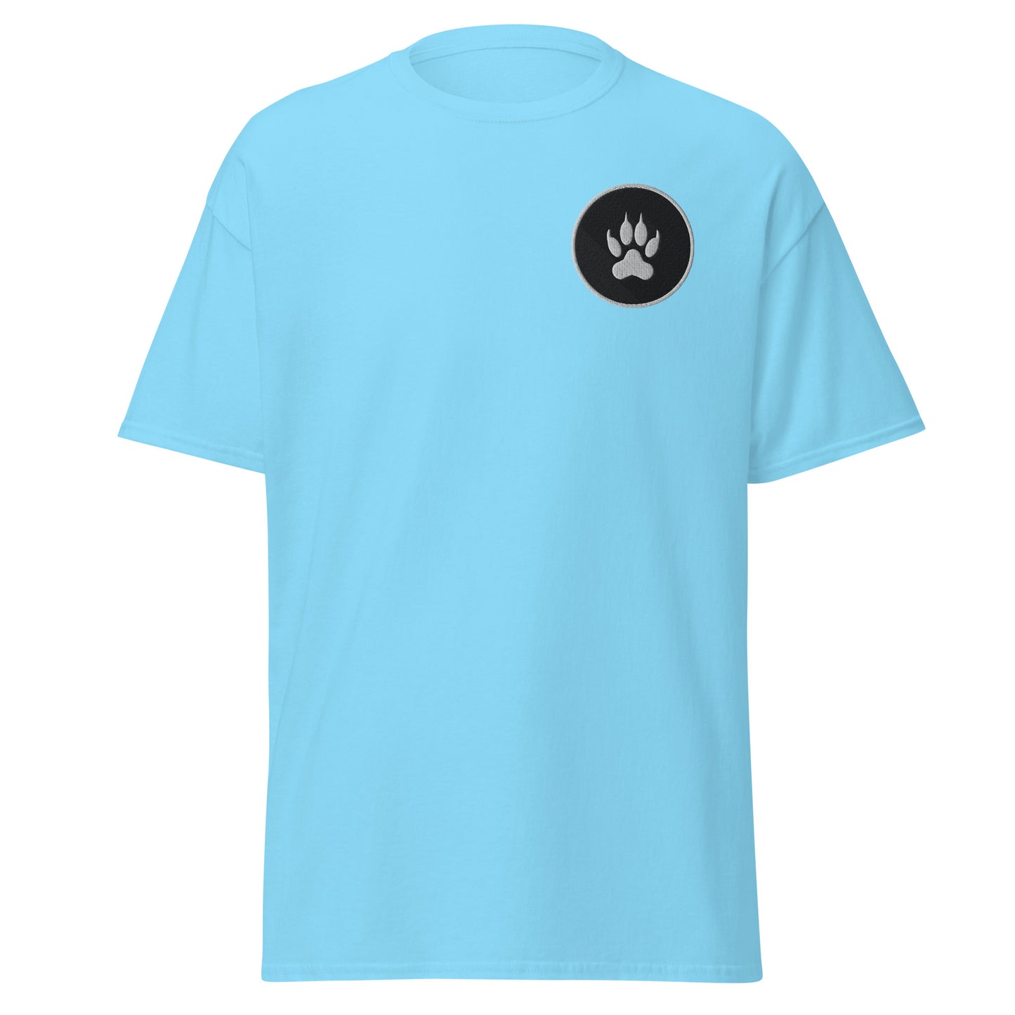 Light blue unisex tee with paw print design, 100% cotton, trendy streetwear fashion, perfect for casual and eco-friendly style.