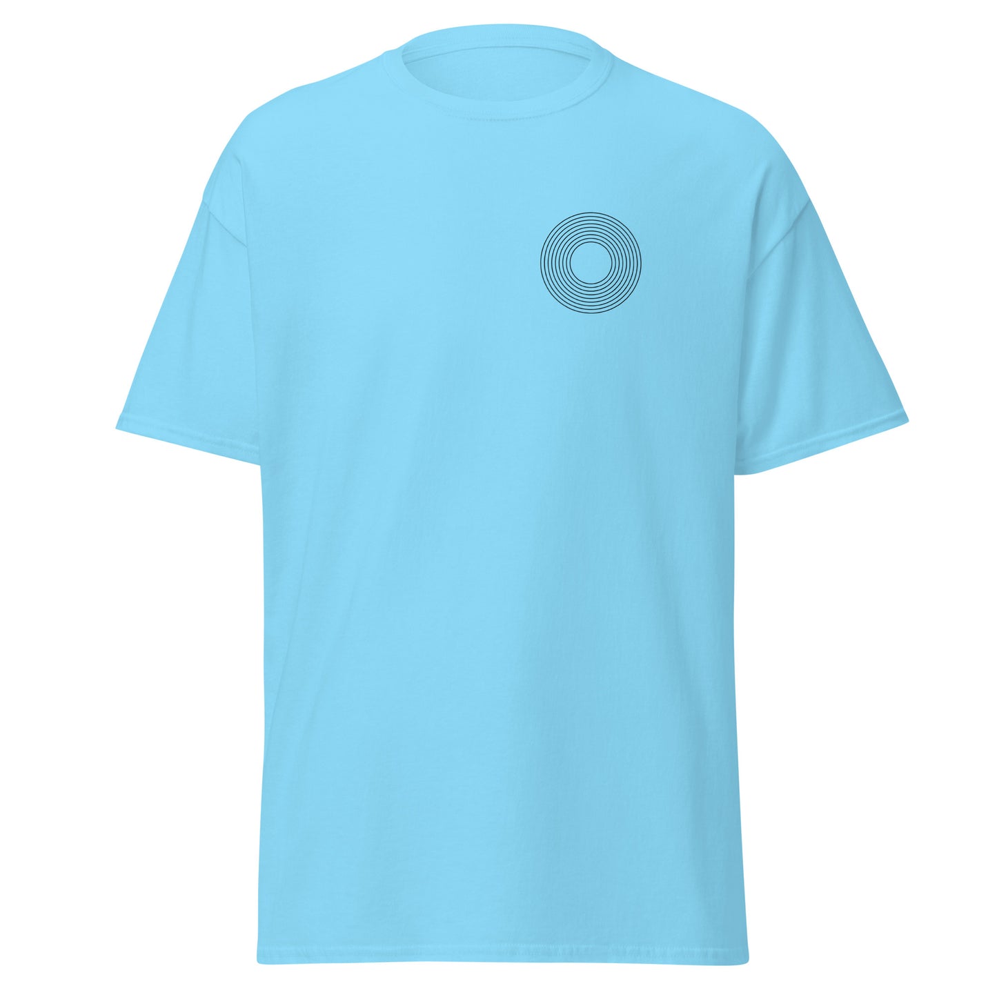 Light blue unisex classic tee with circle design, perfect for trendy streetwear and sustainable fashion. 100% cotton material.