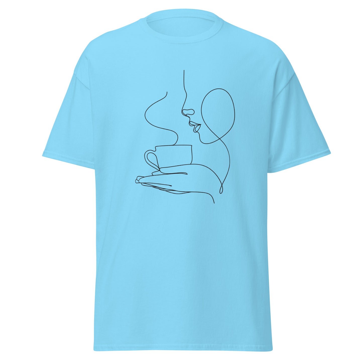 Blue unisex tee with artistic minimalist coffee cup line drawing, trendy streetwear fashion, sustainable and eco-friendly design.